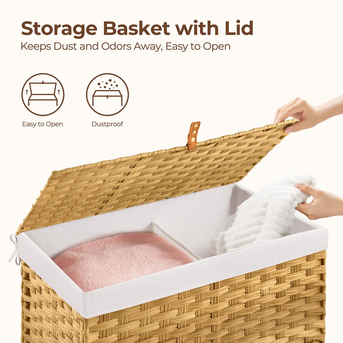 GREENSTELL Storage Basket with Lid, 42.3 Gallon(160L) Lagre Wicker Blanket Storage Basket with Handles, Foldable, 2 Removable Liner Bags, Metal Frame, for Bedroom, Laundry Room, Brown,30"*18.1"*18.1"