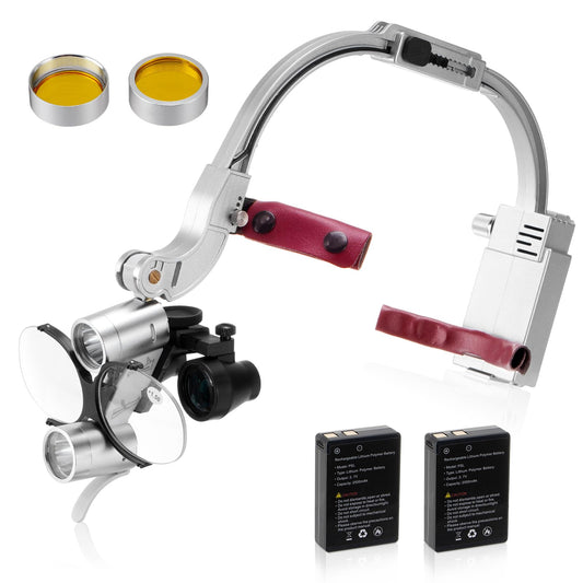 4E 4E'S USA Head-Mounted Dental Loupes with Light 3.5X 420mm, Dual Rechargeable Batteries, Ergonomic Design, Clear Vision & Comfort - Silver