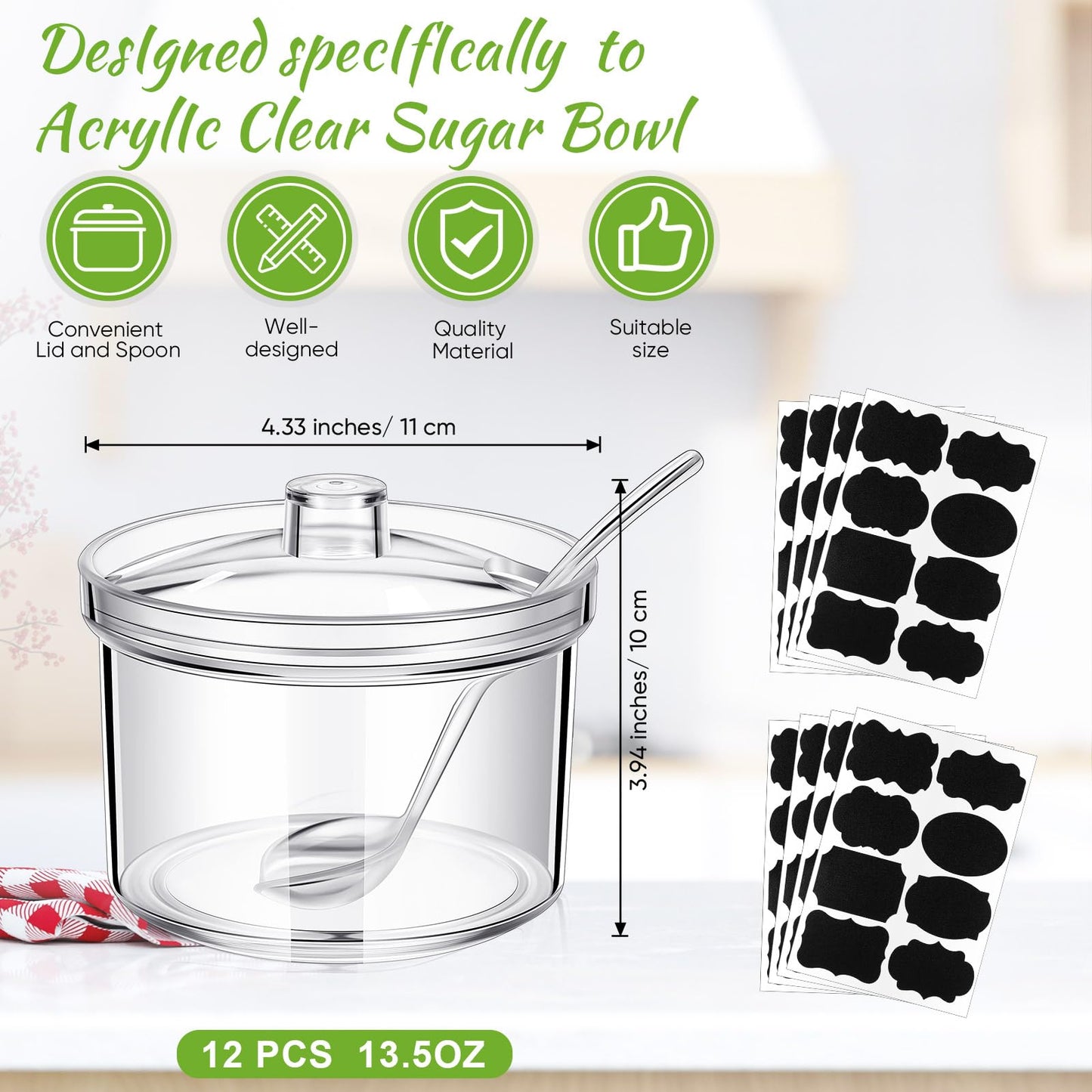 Tioncy 12 Pcs Ice Cream Bar Supplies Sugar Bowls with Lid and Spoon Acrylic Candy Dispenser Party Bar Sundae Caramel Apple Dipping Container with Tag (13.5 oz,Clear)