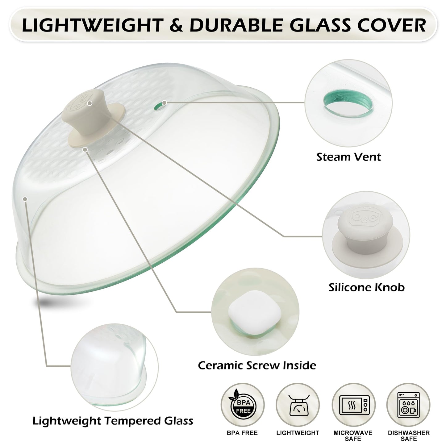 OEC Lighter Weight Tempered Glass Microwave Splatter Cover - 12.5 inch (Inner Diameter 11.4”) - Heat-Resistant - Durable Glass Lid with Vent, Silicone Knob, Dishwasher Safe, 100% Food Grade - BPA Free