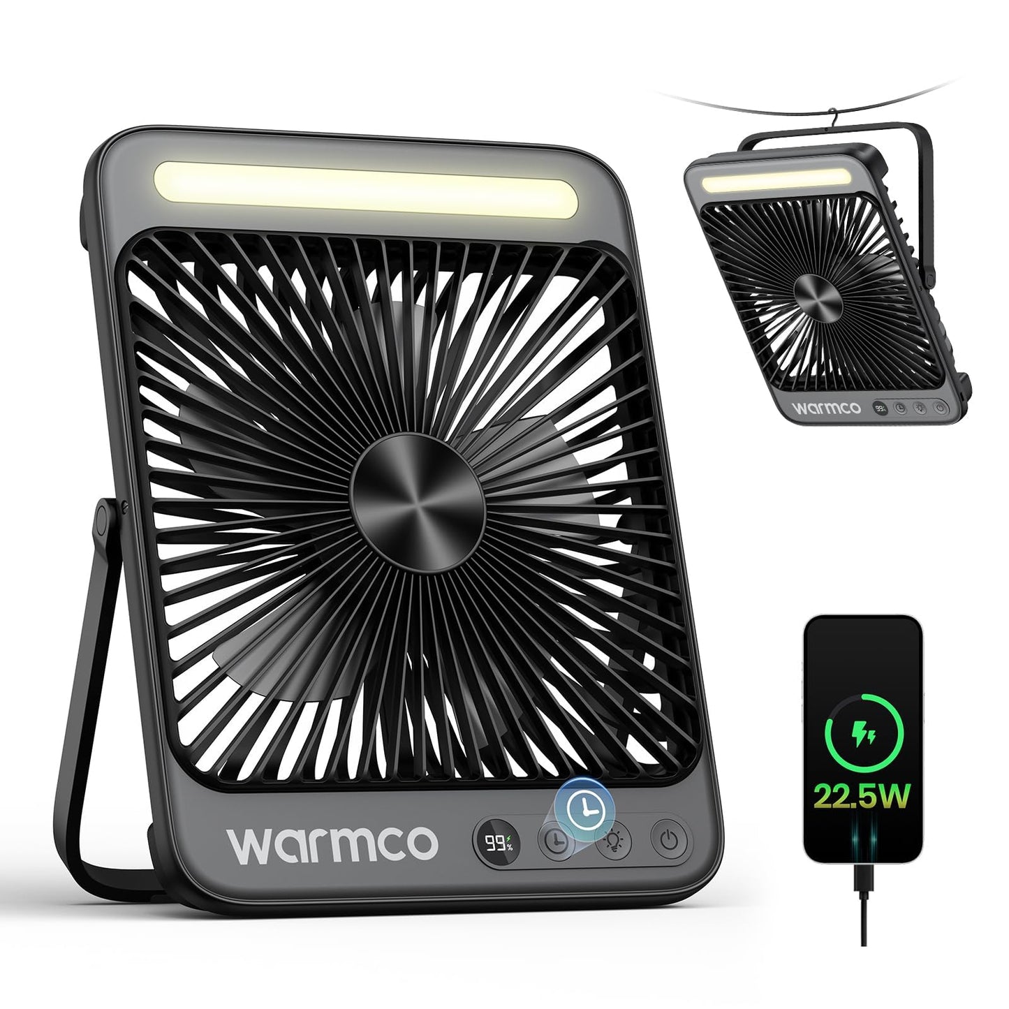 Warmco Battery Powered Fan, 20000mAh 22.5W 8-Inch Ultra-thin Rechargeable Camping Fan with LED Light, Up to 48H Runtime, 8H Timer, Portable Travel Fans for Sleeping, Outdoor, Indoor, Cruise Essential