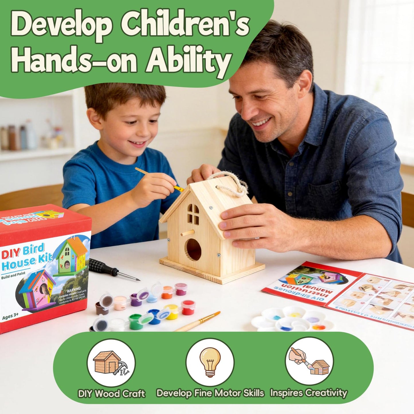 DoodleDoo 4 Pack Wooden DIY Birdhouse Kit, Art and Craft, Bird Houses Indoor Outdoor Painting Kit with Paint & Brushes for Kids Ages 6-12 Birthday Gift for Adults Boys Girls