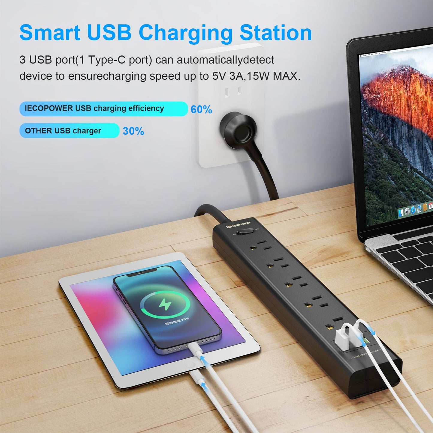10FT Long Surge Protector Power Strip-with 5 Widely Outlets and 3 USB Ports(1 USB C Port),10 Foot Extension Cord(1250W/10A),Wall Mount for Home Office,700 J,Black(2 Pack)