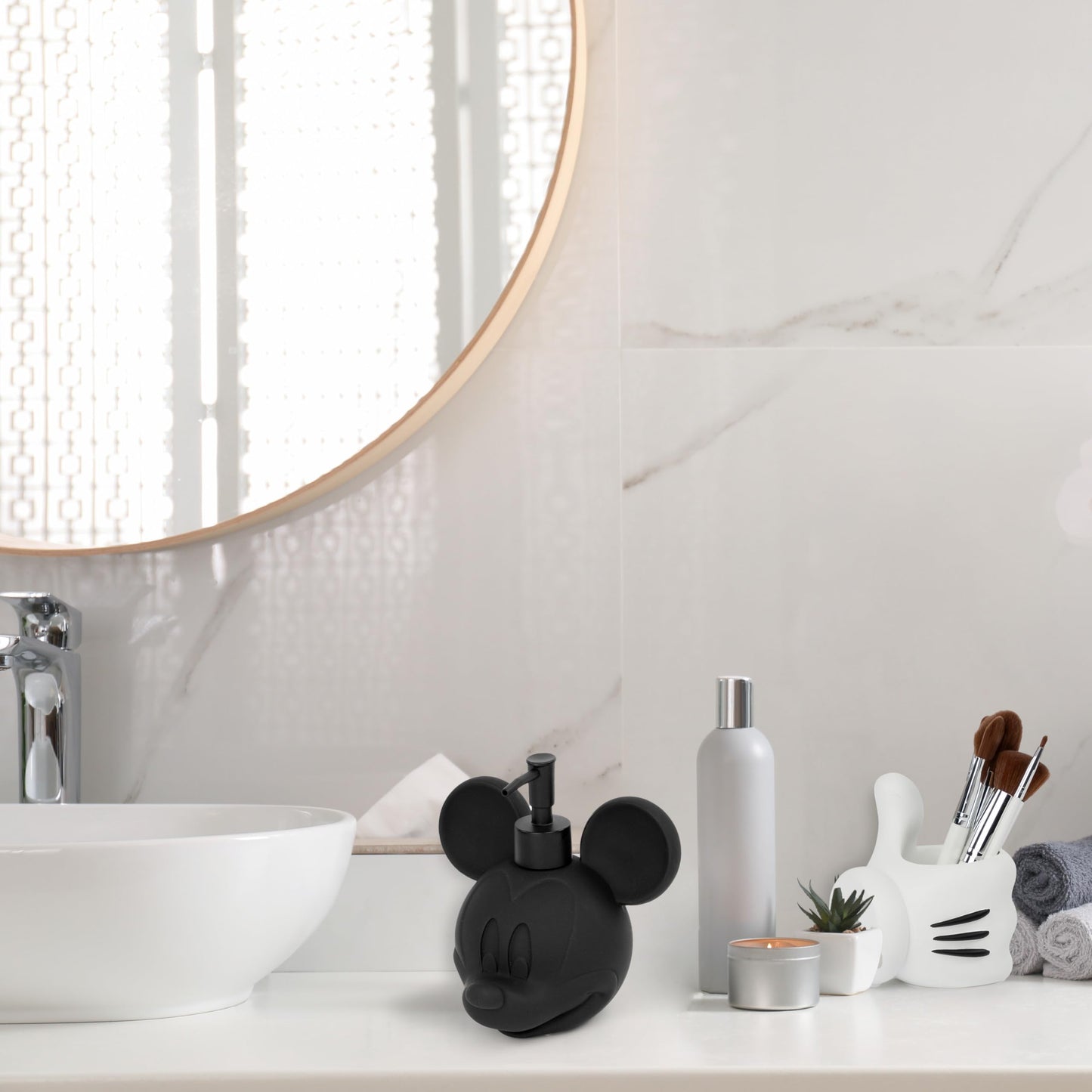 Jay Franco Disney Mickey Mouse Bathroom Organizer Set - 4 Piece Red, Black and White Accessories Includes Resin Soap Dispenser, Soap Dish, Toothbrush Holder and Tumbler - Bathroom Décor