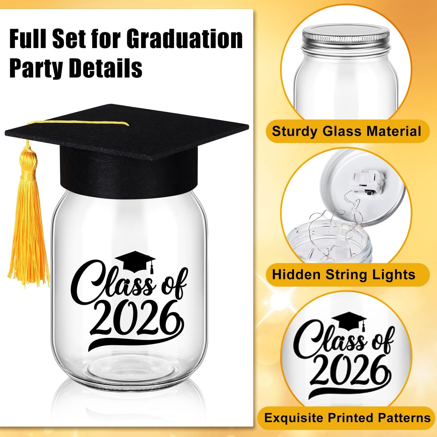 12 Sets 2026 Graduation Table Decoration with Lights, Light up Glass Mason Jars with Printed Designs for Class of 2026 Graduation Table Centerpieces Decor with Grad Hat for Congrats Grad Party Favor
