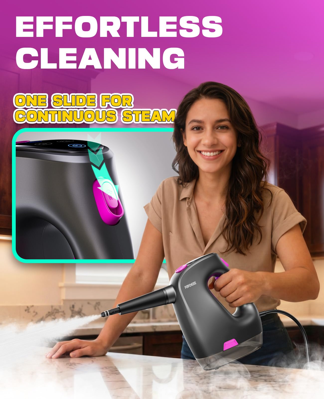 POPCHOSE Steam Cleaner with Detergent Dispenser,15s Heat-Up Handheld Steam Cleaner for Home, 500ml Removable Water Tank, Lightweight Portable Steamer for Cleaning Grout, Windows, Kitchen, Easy Refill