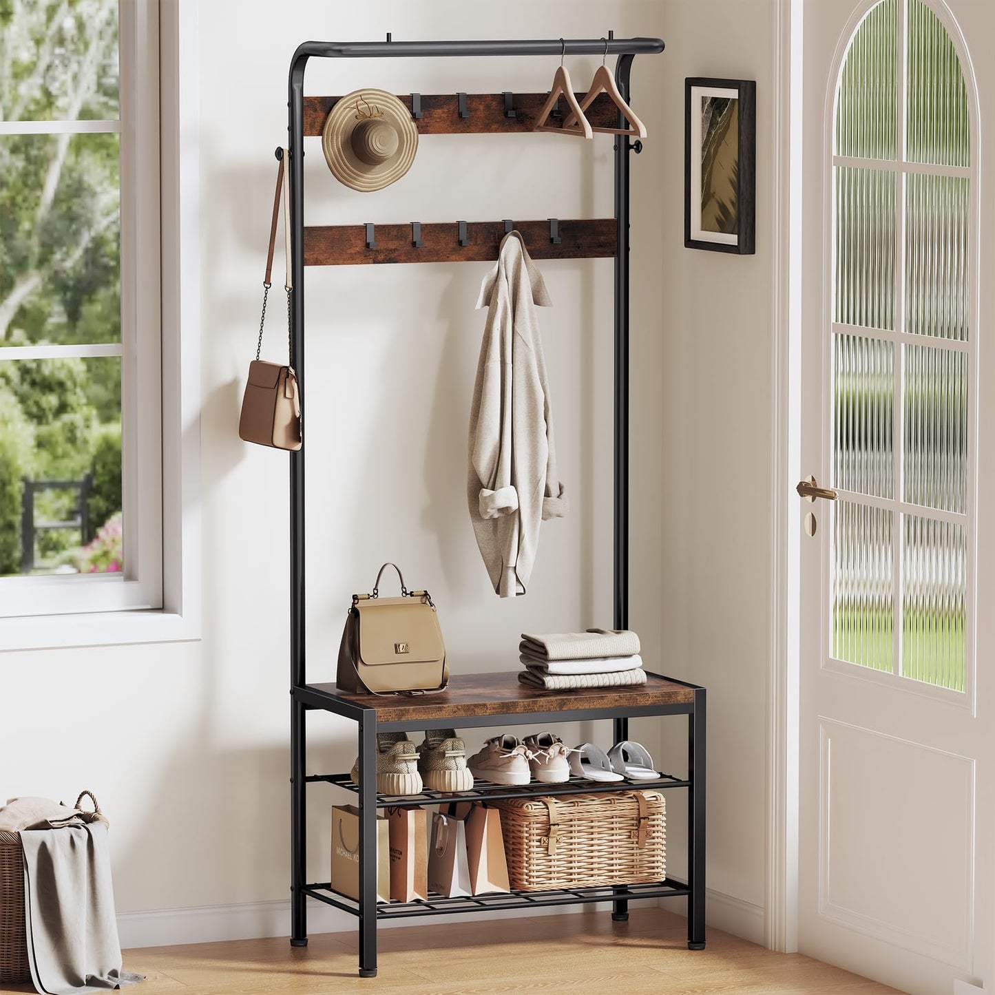 KMFurnila Hall Tree with Bench and Shoe Storage, 4-in-1 Entryway Organizer with 10 Hooks and Storage Shelf,Coat Rack Freestanding with 2-Tier Storage Shelf for Living Room, Bedroom Rustic