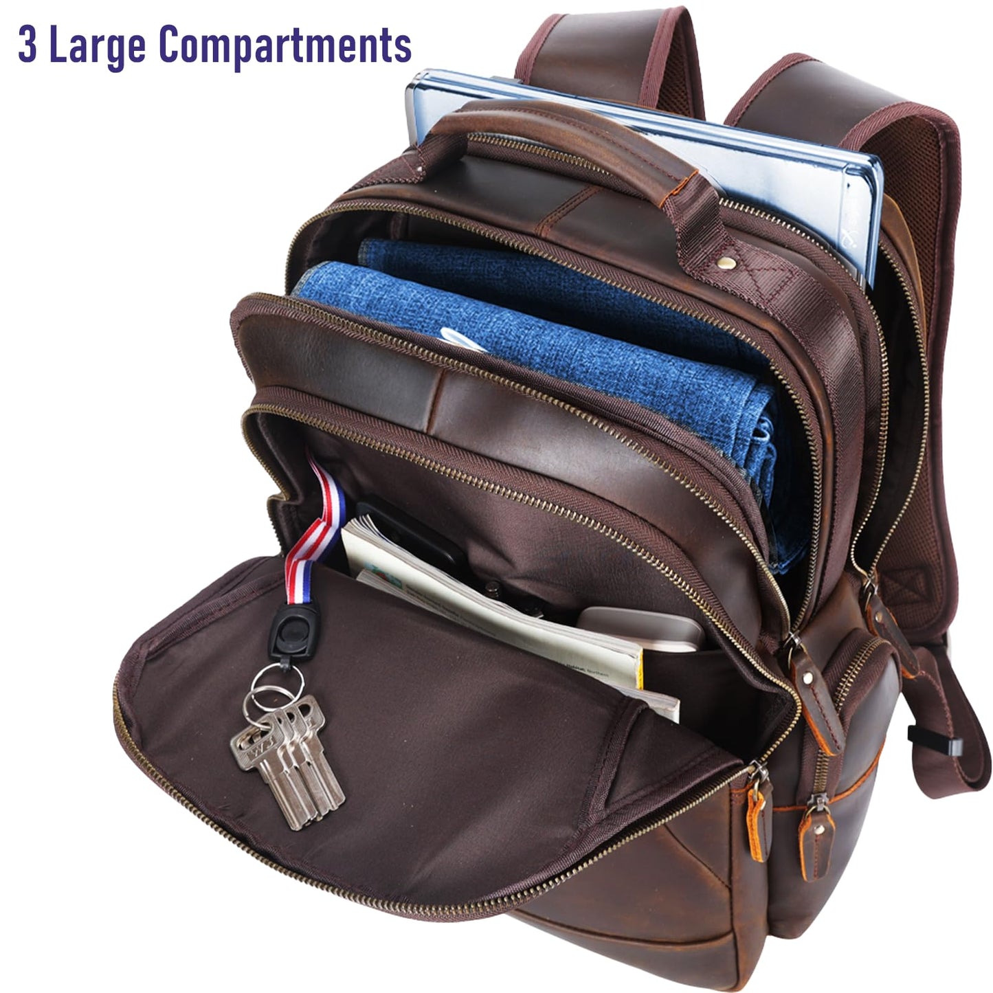 STAR VISTA Nettuno15.6 Vintage Full Grain Leather Laptop Backpack for Men, Multi Pockets, Casual Outdoor Business Travel Rucksack, YKK Zippers