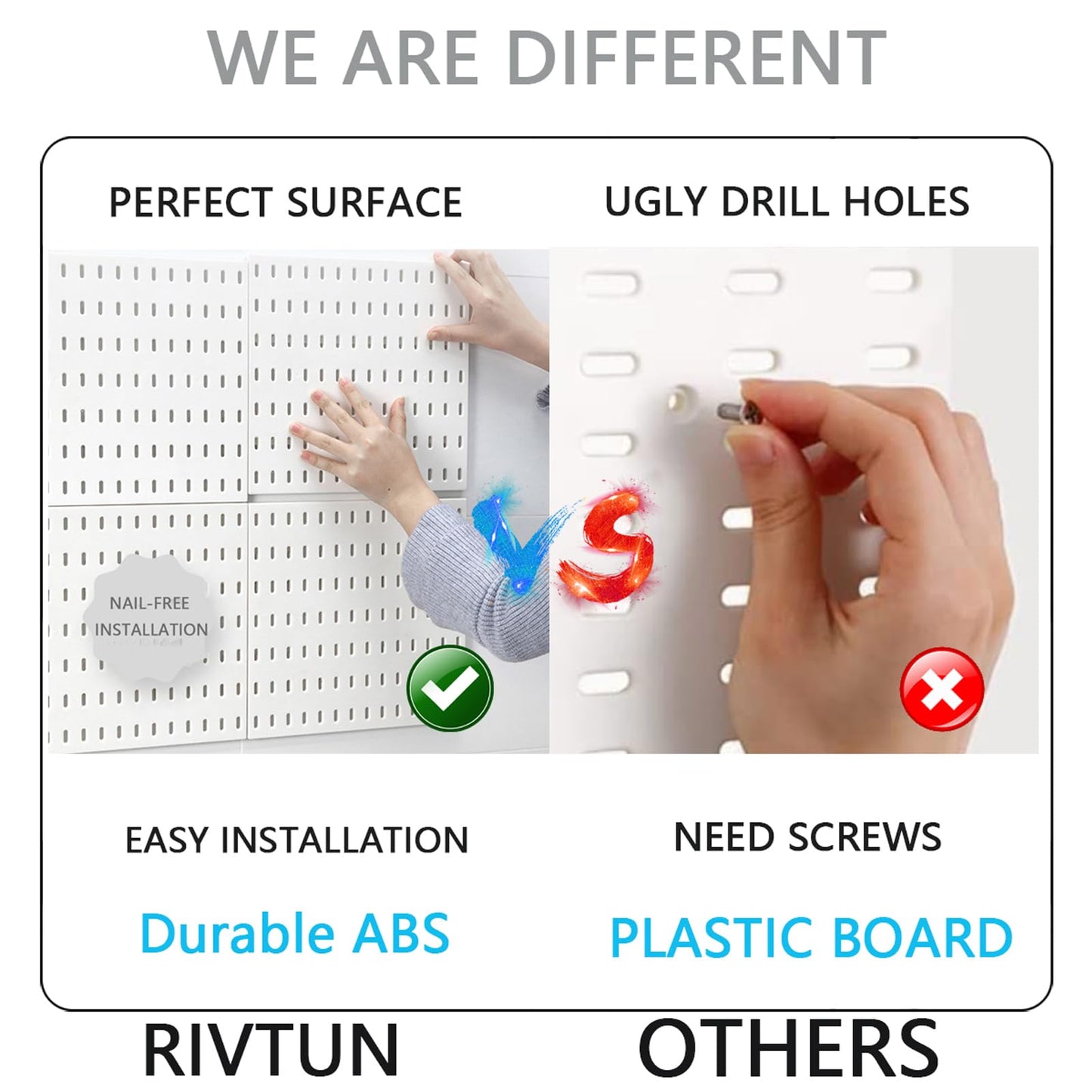 RIVTUN Pegboard Combination Kit for Wall Organizer, Wall Mounted Peg Board Kits for Kitchen, Bedroom, Office, &Bathroom, 4 Pieces White Pegboards and 14 Accessories, 22" x 22"