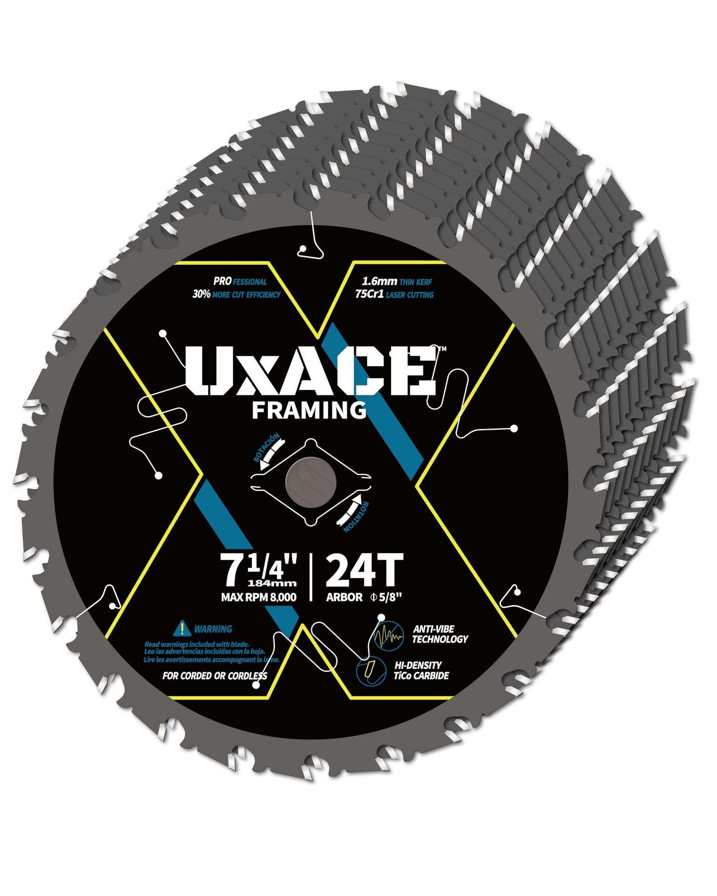 UXACE 7-1/4-Inch 24-Tooth Circular Saw Blade with 5/8-Inch Arbor, Framing Wood Cutting, Carbide Tip, Thin Kerf, for Plywood, MDF, OSB, Laminated, 10 Pack