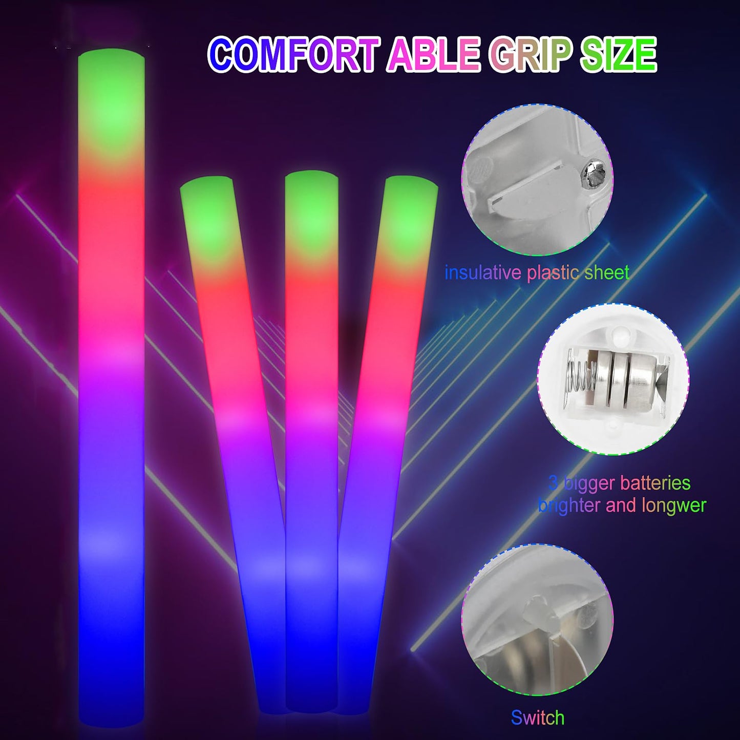 LifBetter 42 Pcs Glow Sticks Bulk- LED Foam Sticks in The Dark with 3 Modes Flashing Led Foam Multicolor Batons Light up Party Favors for Birthdays, Weddings, Concerts, Festivals