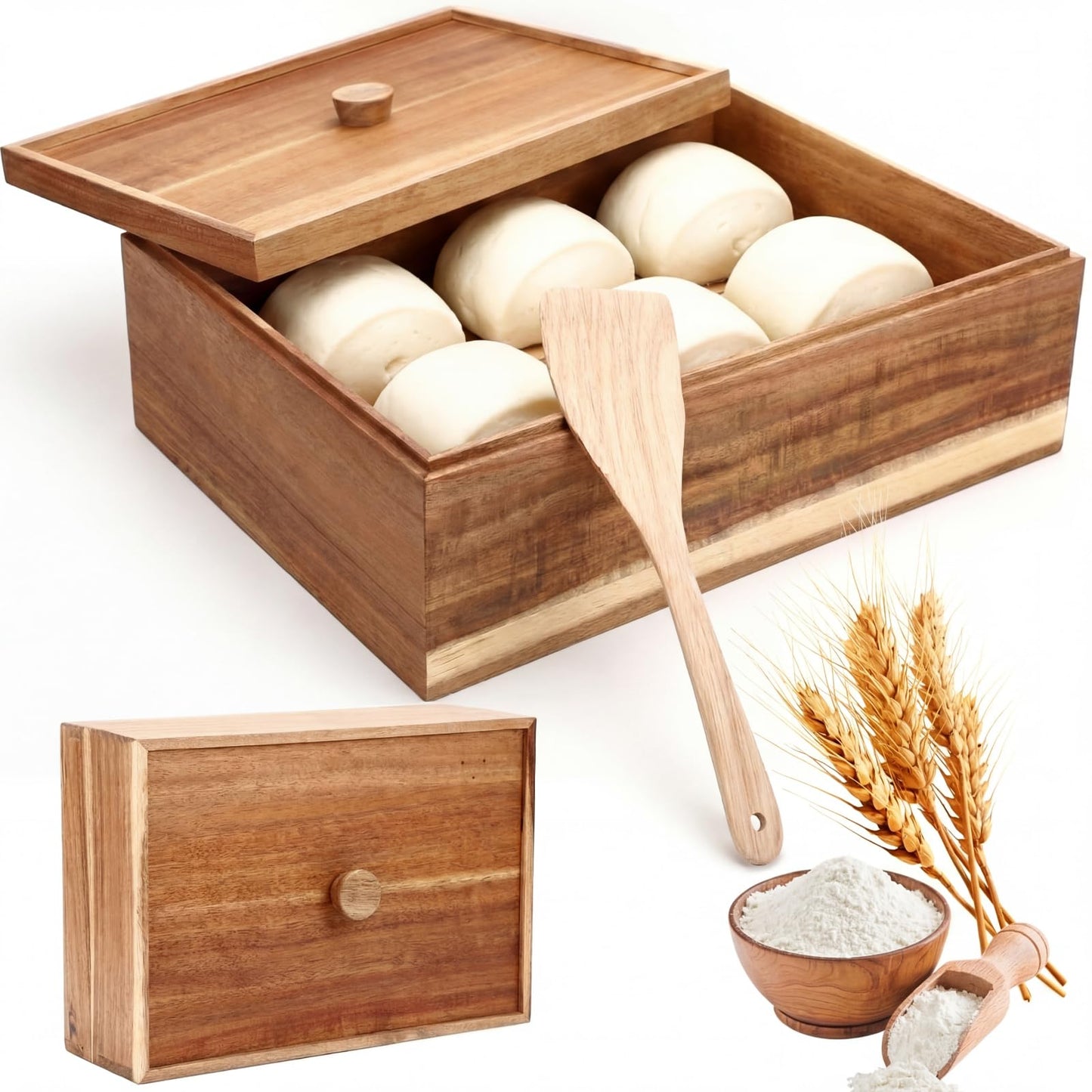 Remerry 2 Pizza Dough Proofing Box Wooden with 1 Lid, 1 Scraper Set 16" x 12" x 9" Stackable Dough Pizza Proofing Box Container for Home Kitchen