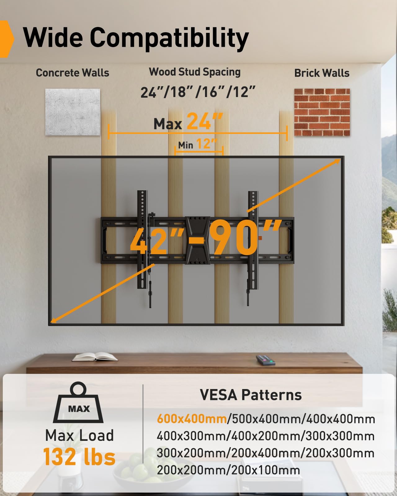 Perlegear Tilting TV Wall Mount for 42-90 TVs with Leveling Adjustment, Max VESA 800x400mm，Fits Most 65 75 85 86 Inch Low-Profile TV Mount Wall Bracket up to 132 lbs, Fits 12"/16"/18"/24" Studs
