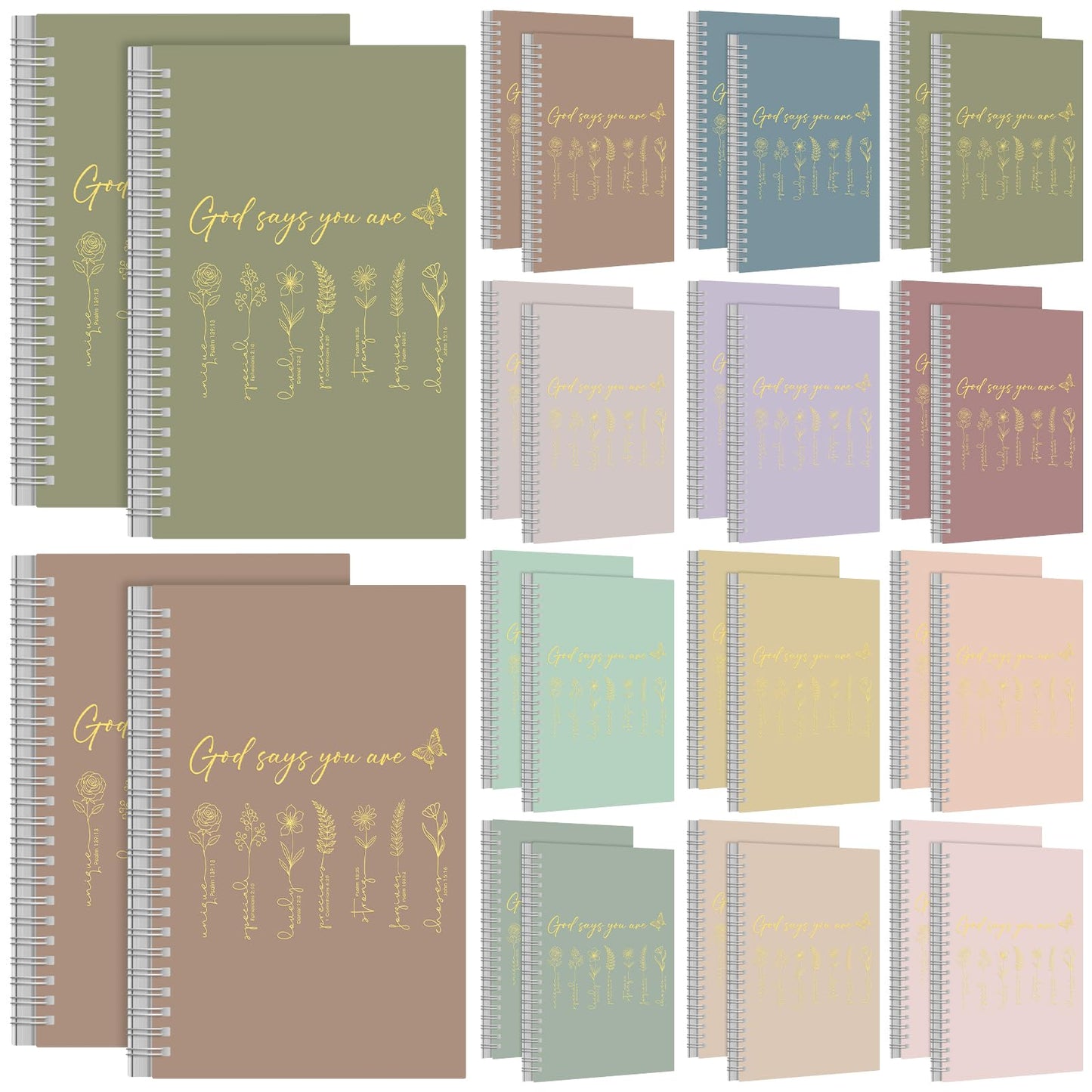 MotiMind 24 Pcs Floral Christian Spiral Notebook Set A5 Christian Gifts for Women God Says You Are Bible Verse Inspirational Prayer Journal with Gold Foil Cover for Church 5.8" x 8.3" (Morandi)