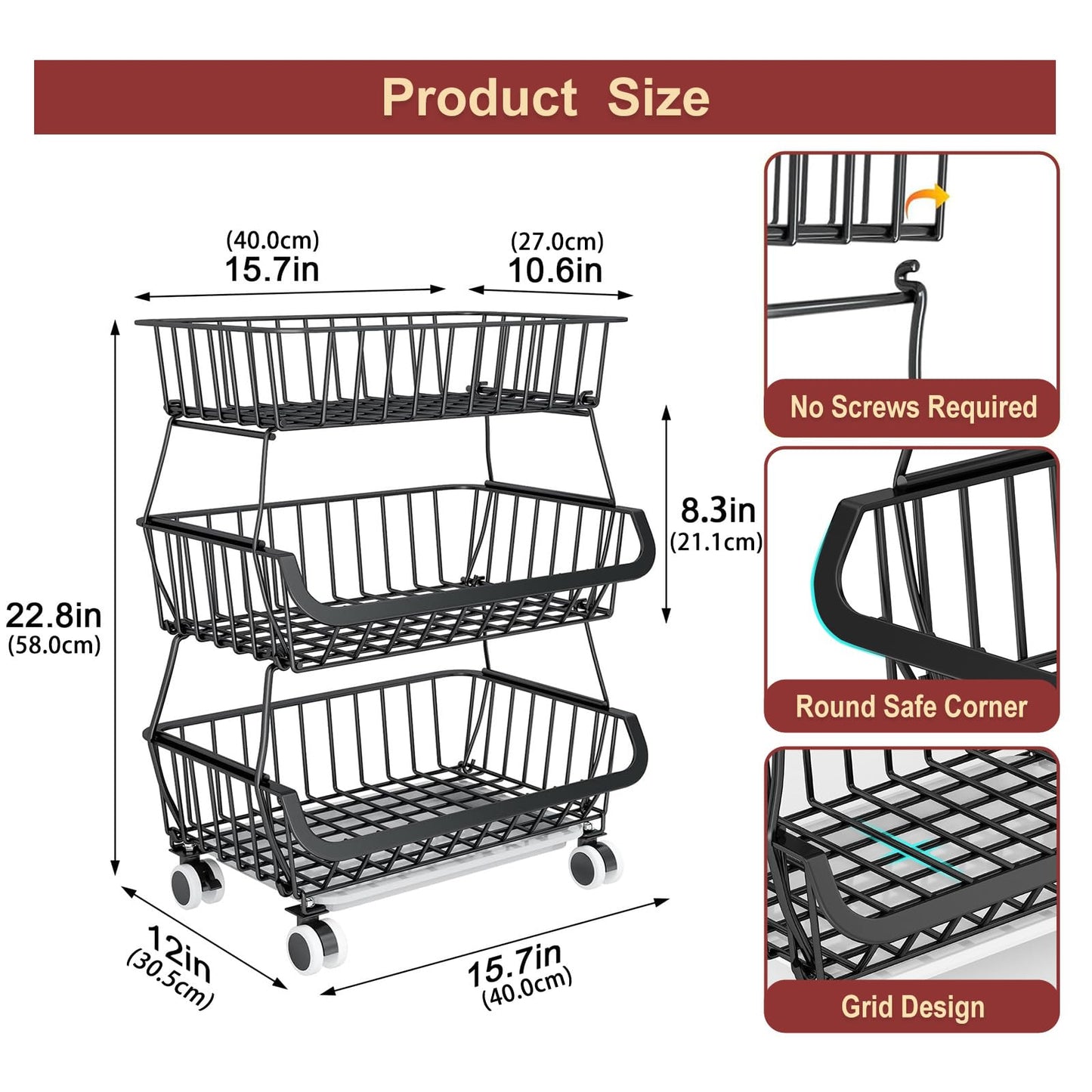 Miyawell 3-Tier Rolling Pantry Cart with Wheels, Stackable Wire Storage Floor Organizer for Kitchen Pantry Snack Shelves, Fruit Basket Stand, Vegetable Storage Rack for Food Snacks Onion Potato