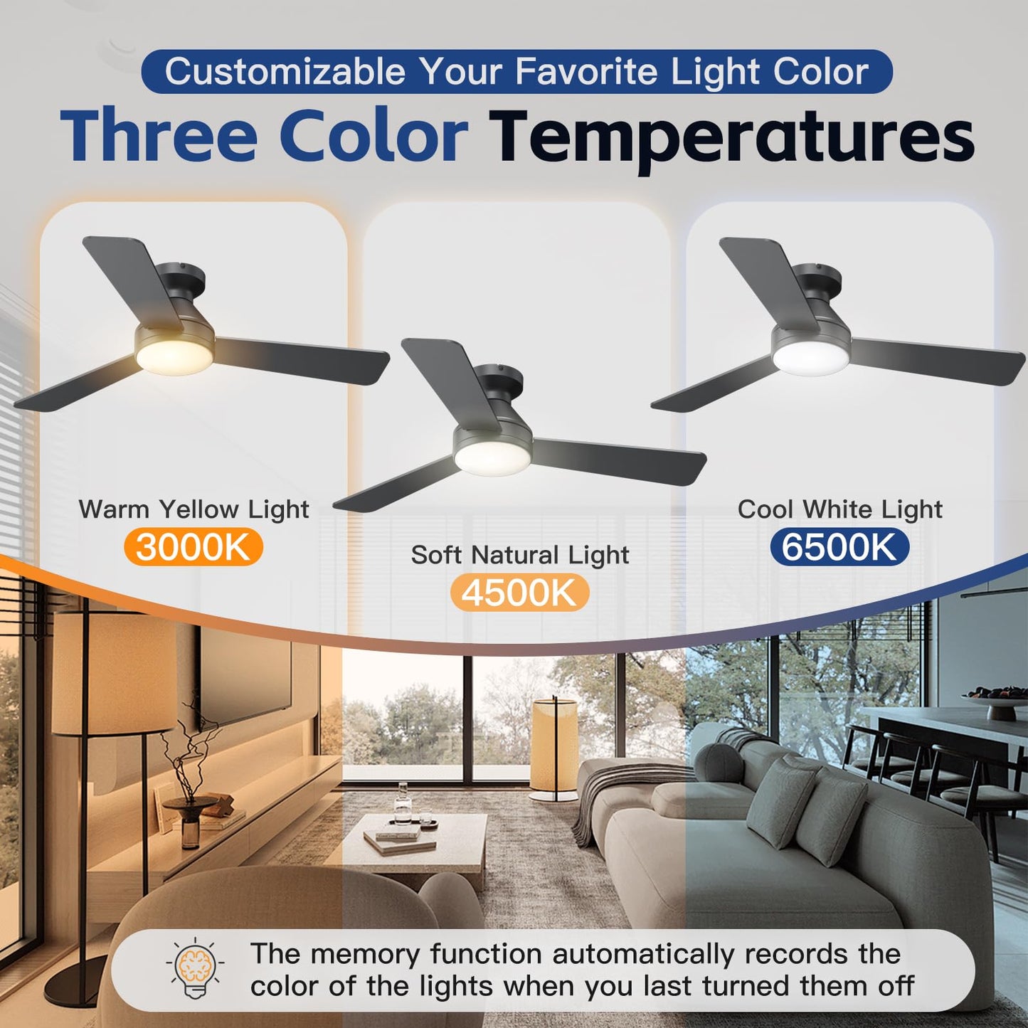 Ceiling Fans with Lights, 42 Inch Ceiling Fan with Light And Remote, 3CCT Flush Moun Low Profile Ceiling Fans, 6 Speed Noiseless LED Ceiling Fan, Black Ceilings Fan with Remote for Bedroom Living Room