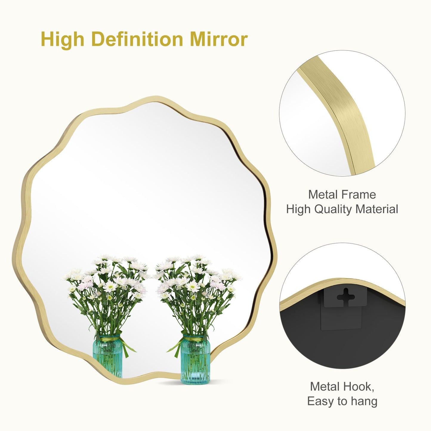 WallBeyond Round Wavy Mirror for Wall Decorative 24 inch, Modern Round Mirror Aluminum Frame for Bathroom Bedroom Living Room Home House Office Entryway, Gold