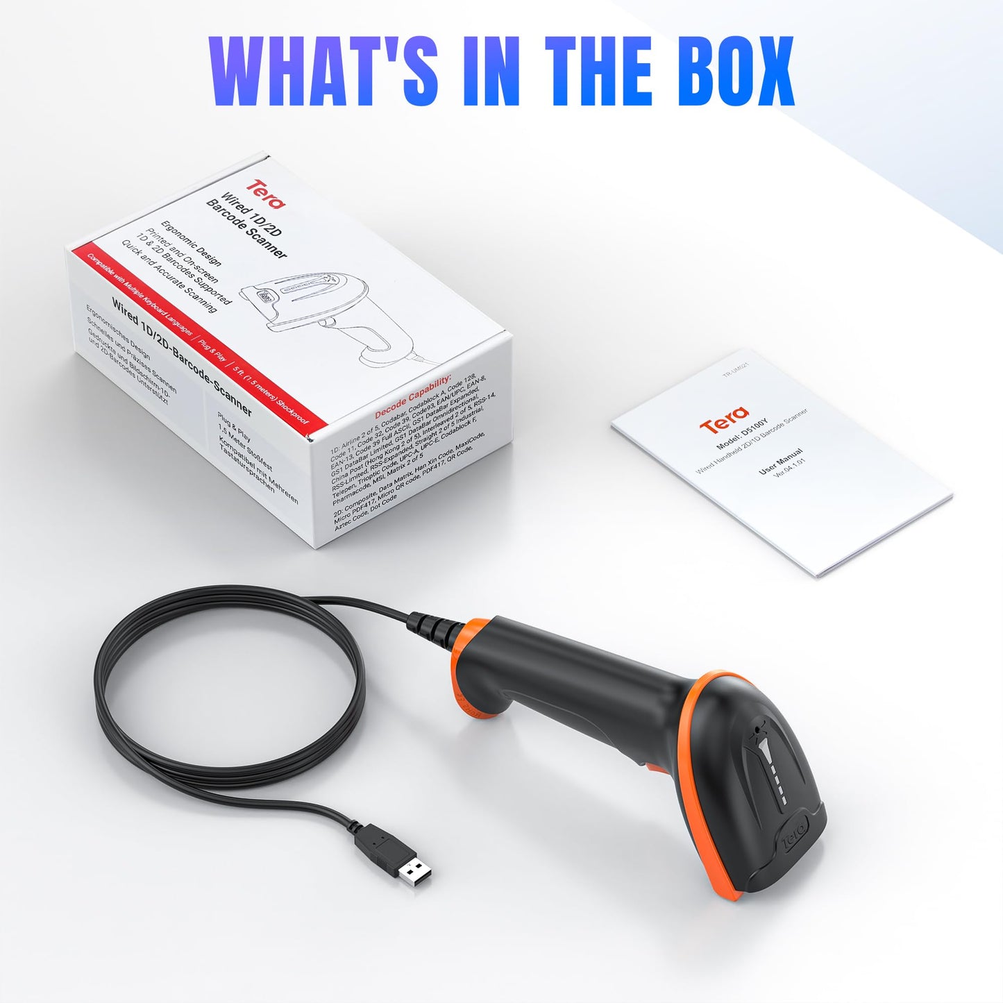 Tera Upgraded USB 1D 2D QR Barcode Scanner Wired, Officially Certified Dustproof Shockproof Waterproof IP65 Ergonomic Handle Fast and Precise Scan for Windows Linux Plug and Play Model D5100Y