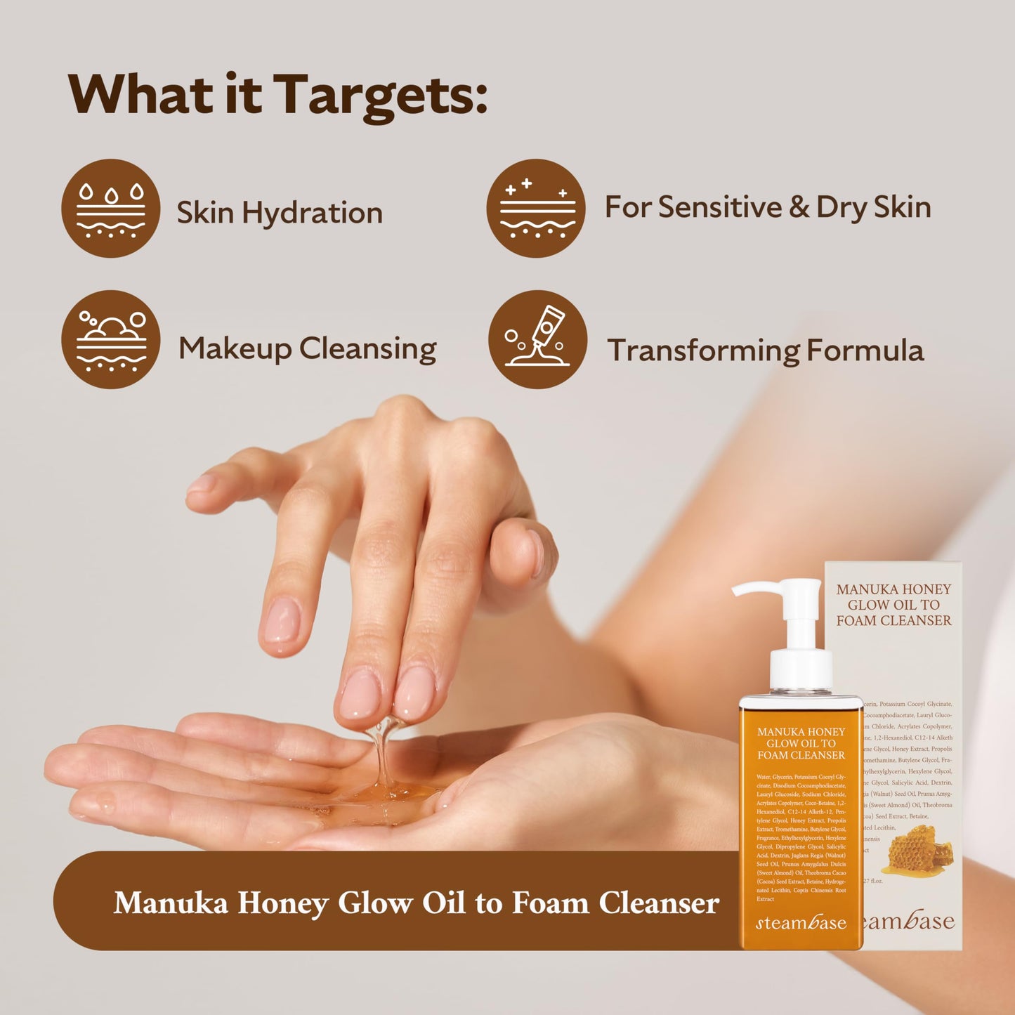 STEAMBASE Manuka Honey Glow Oil to Foam Cleanser | Daily Makeup Remover and Cleanser, Hydrating Foaming Face Wash for Dry Skin, Double Cleanse | Korean Facial Oil Cleanser, 7.27 fl oz