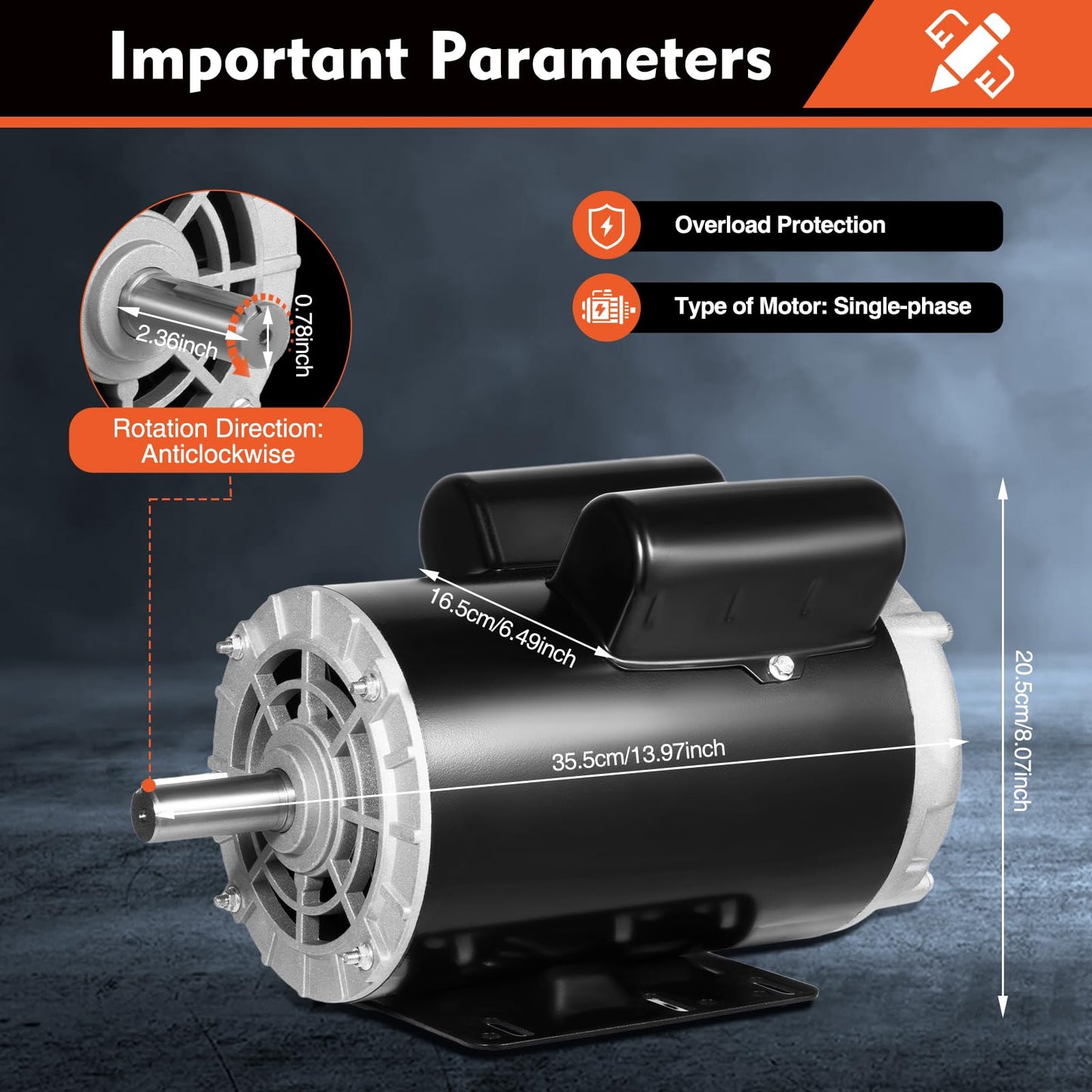 5HP Single Phase 143/5T Frame Electric Air Compressor Electric Motor 7/8 inch Shaft 3450RPM 208-230 Volts 60HZ