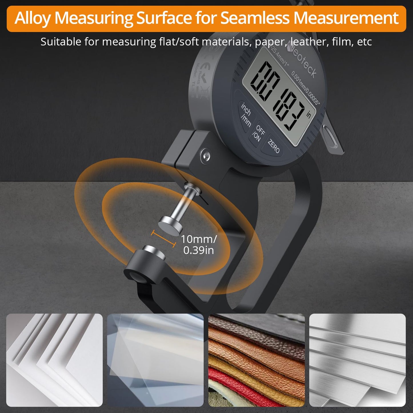 Neoteck Digital Thickness Gauge 1 inch/25.4mm, 0.00005"/ 0.001mm, Thickness Meter Precise Electronic Micrometer with LCD Display
