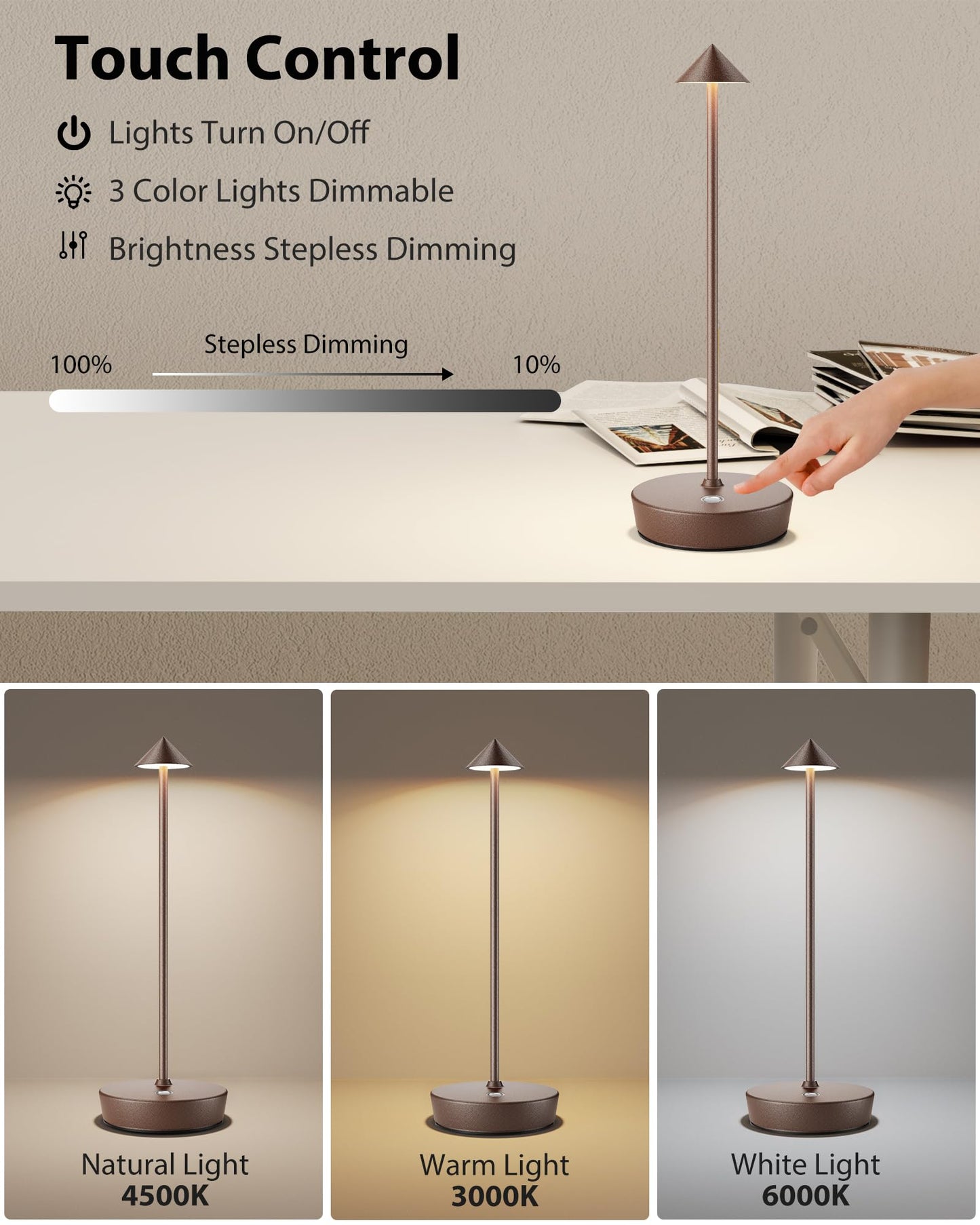 SHANGCAI Cordless Table Lamps Rechargeable, 6000mAh Battery Operated LED Desk Lamp Outdoor Waterproof Portable Touch Dimmable Table Night Light for Patio Restaurant Dining Home Set of 2 Rust