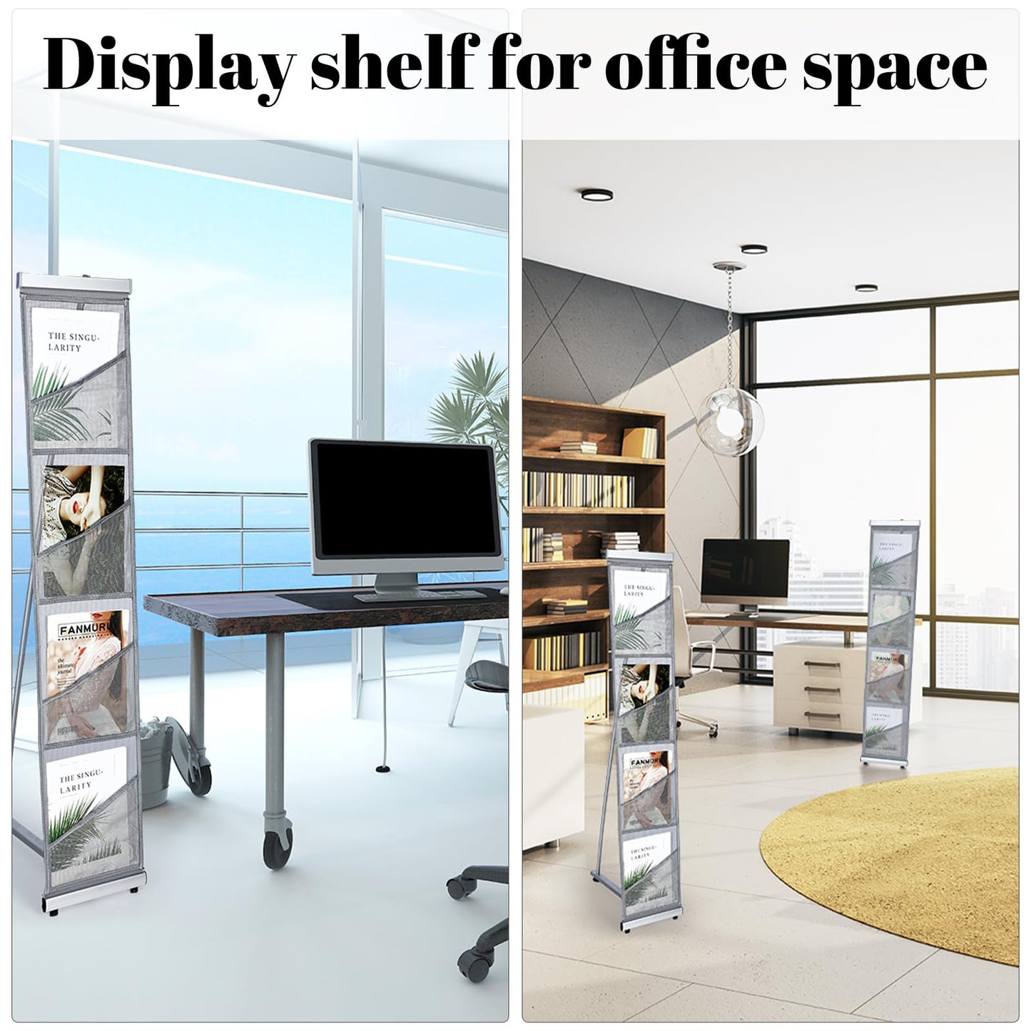 Outus 1 Pcs Literature Stand Magazine Display Rack with 4 Pocket, Portable Roll up Mesh Foldable Trade Show Display with Carrying Bag, Lightweight Magazine Rack Floor Standing for Exhibition Office