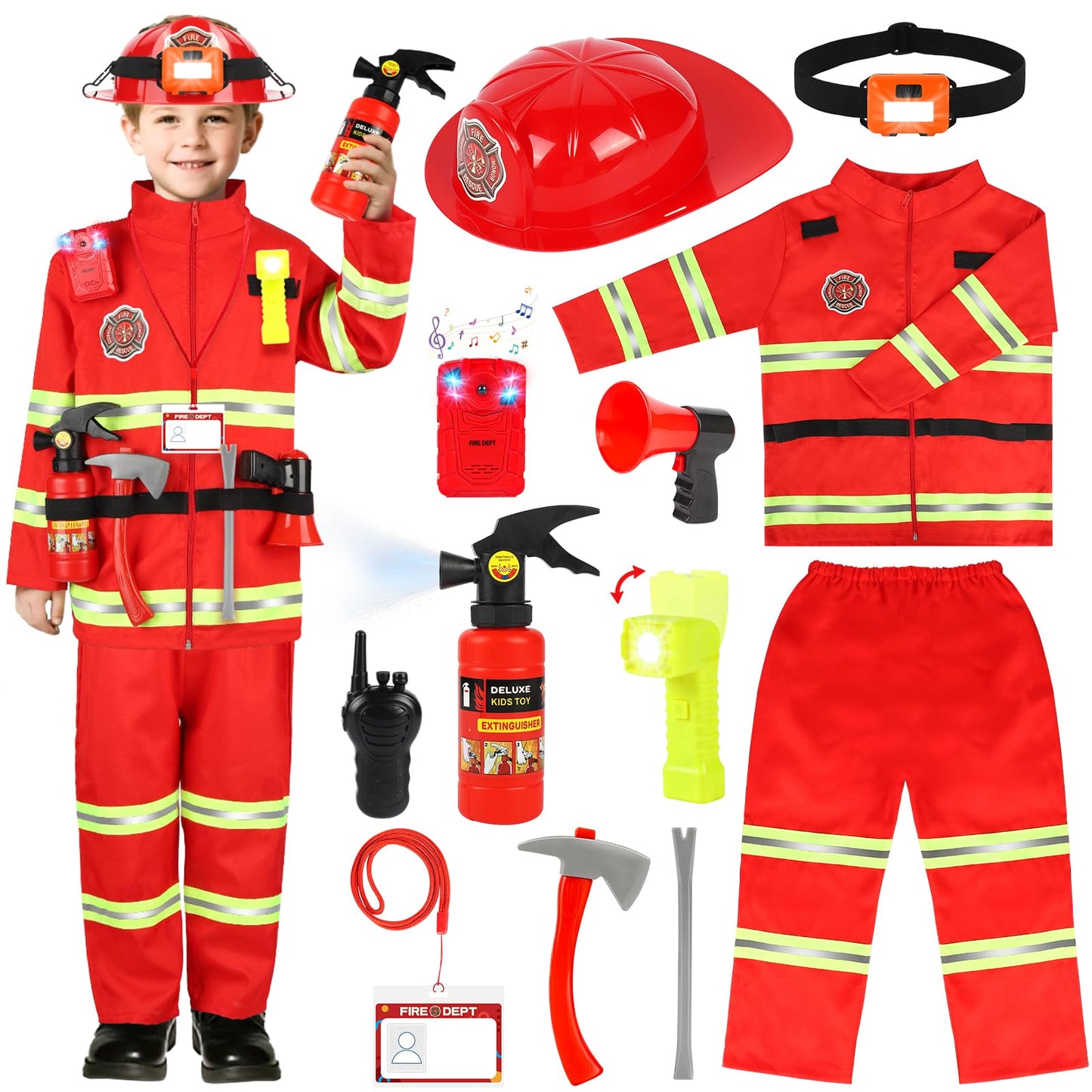 HUUIDY Fire Chief Costumes for Kids, Fireman Role Play Dress Up Set, Kids Costume with Fire Fighter Accessories