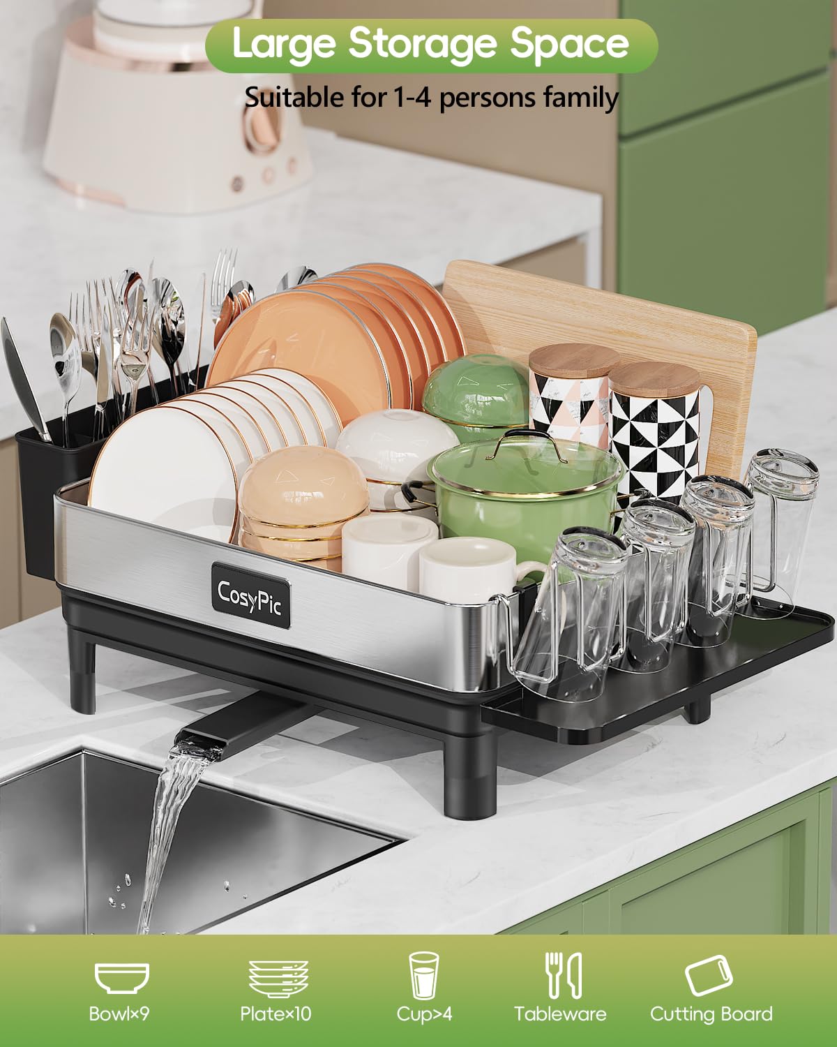 CosyPic Dish Racks, Thicker Premium 304 Stainless Steel Dish Drying Rack for Kitchen Counter, Automatic Drainage Spout, Dish Drainer & Drainboard Set with Utensil Holder and Cup Holder, Black