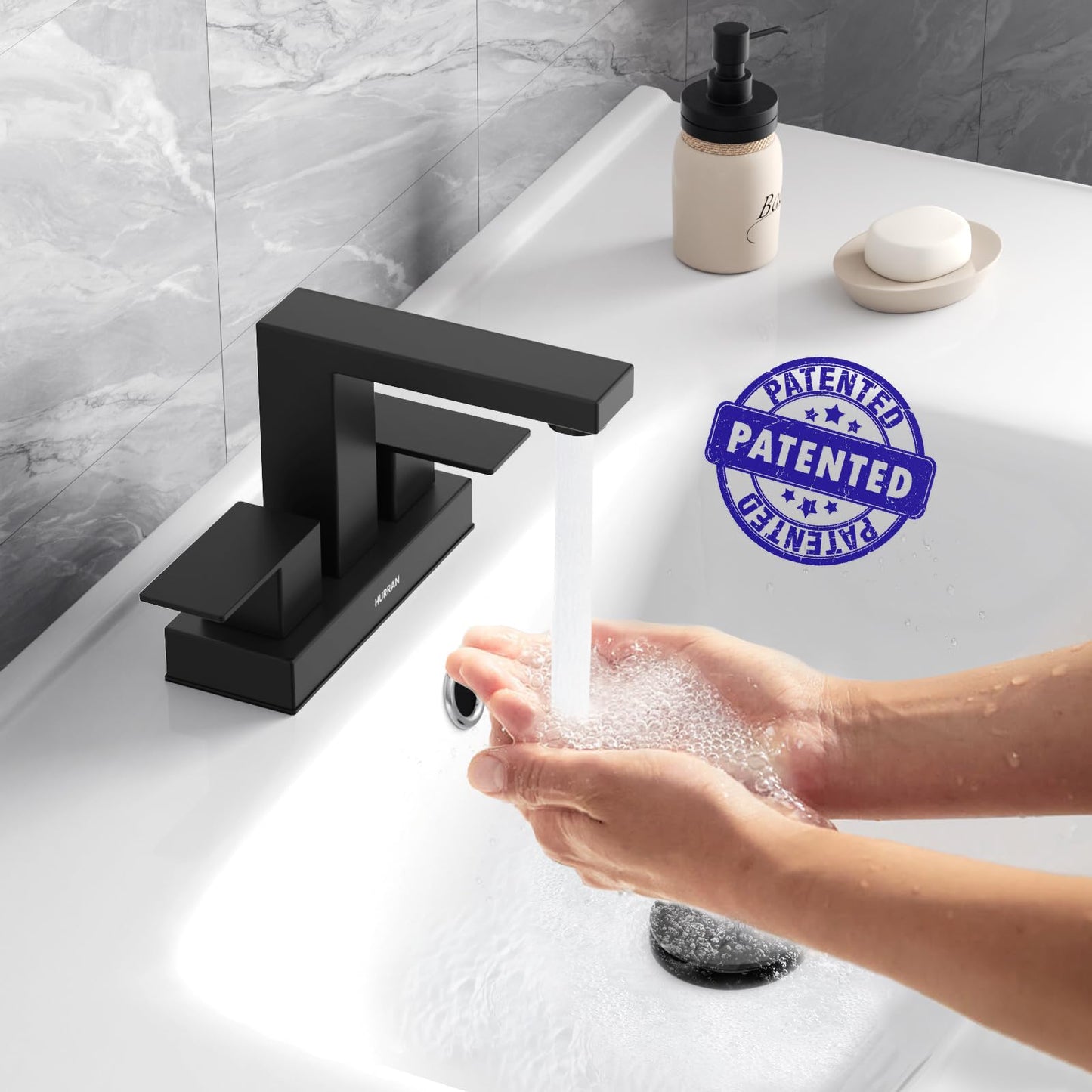 Matte Black Bathroom Sink Faucet, Hurran 4 inch Bathroom Faucets for Sink 3 Hole with Pop-up Drain and Supply Lines, Stainless Steel 2-Handle Faucet for Vanity RV Restroom, 2 Pack