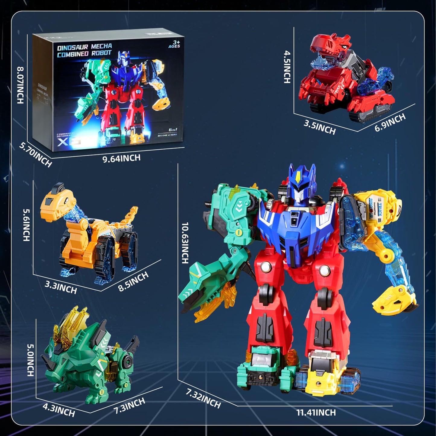 VEAIS - Magnetic Transformation Dinosaur Robot Toys, 6 in 1 Transformer Robot Toy for Kids, Easy Assembly Function, Robot Construction Vehicle Set for Kids