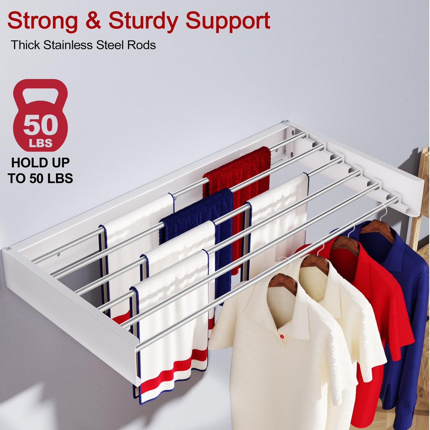 SOLVESTIS Wall Mounted Drying Rack 40", Foldable Laundry Drying Rack with Stainless Steel Rods, Retractable Laundry Space Saver for Indoor & Outdoor Use, Include Wall Template