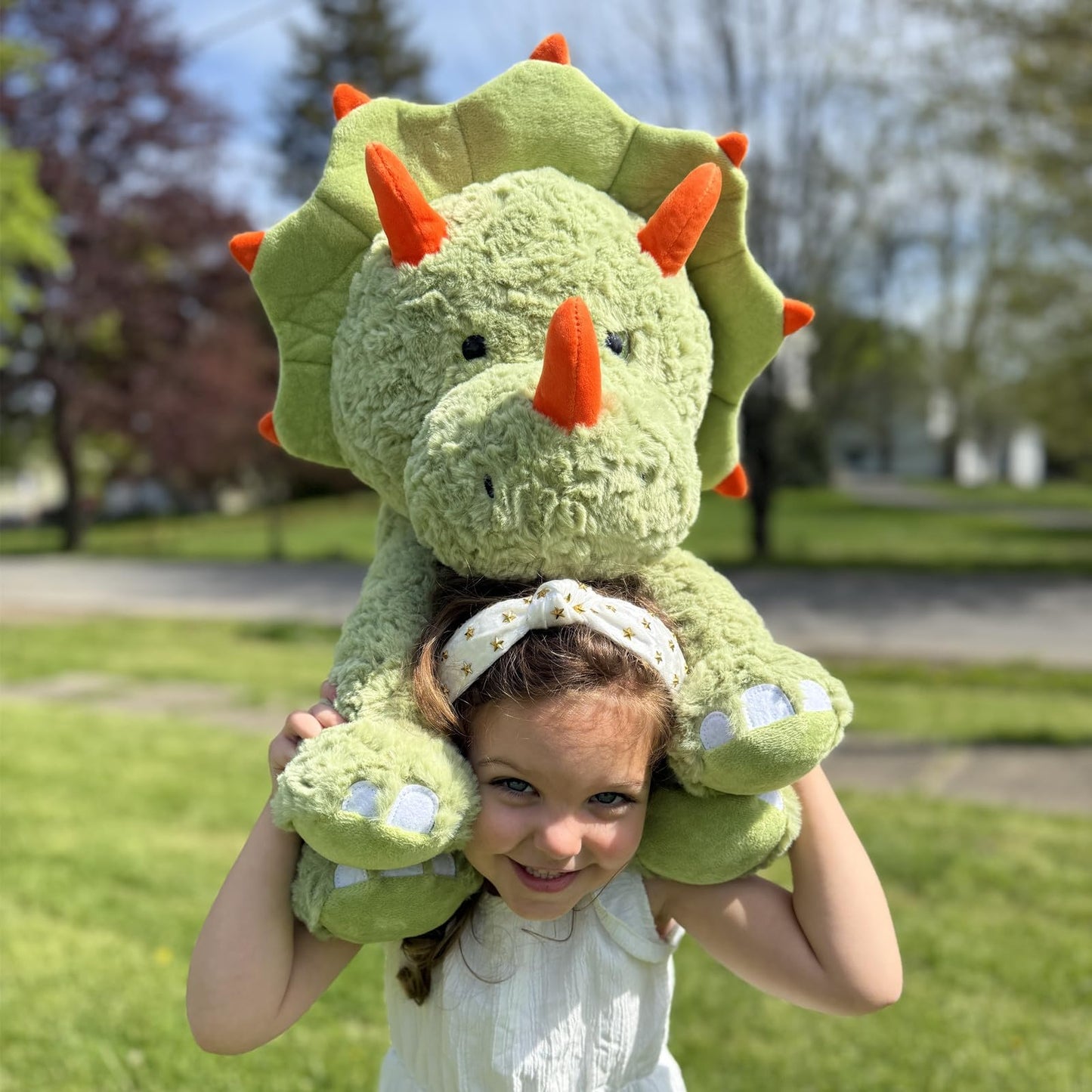 Tezituor 24inches Green Dinosaur Stuffed Animals, Large Stuffed Dinosaur Triceratops Plush Toys, Hugging Soft Dino Plush Pillow for Kids Adult