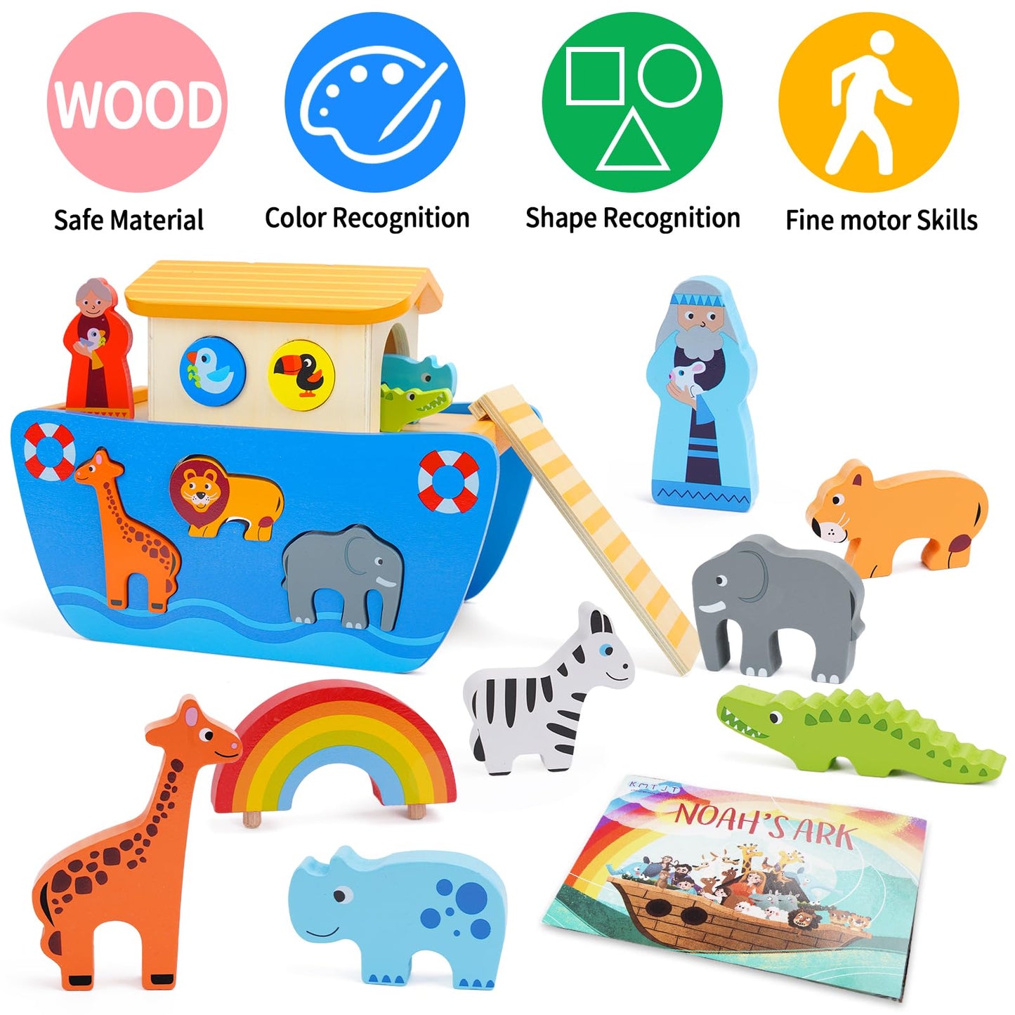 Toddlers Wooden Noah's Ark Toy Animal Playset, Baptism Gifts for 2 3 Boys Girls, Shape Sorter Early Learning Montessori Toys with Bible Story Book for 24 Months Babies