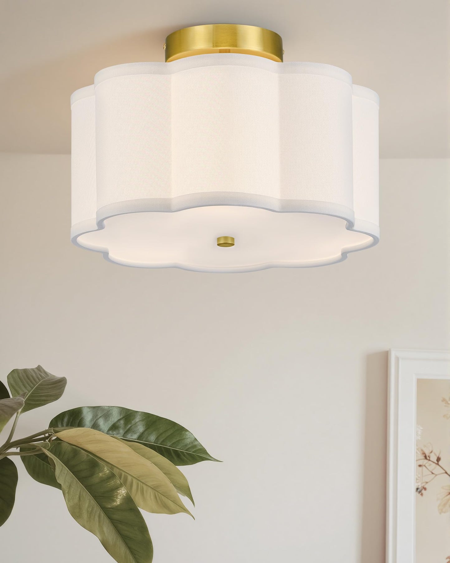 VONLUCE Semi Flush Mount Ceiling Light, 12.6" Ceiling Light Fixture with Flower-Shaped Fabric Shade, 3-Light Modern Light Fixture for Bedroom Living Room Nursery Hallway, White Shade & Gold Finish