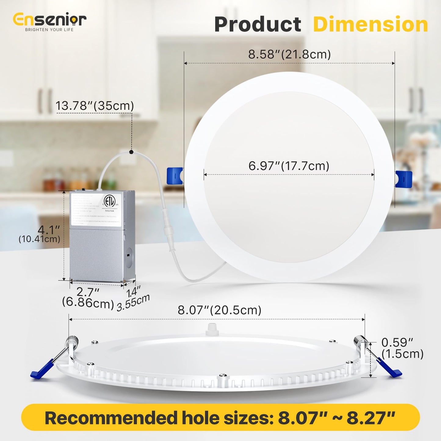 Ensenior 4 Pack 8 Inch LED Recessed Light, Dimmable, 2700K-5000K 5CCT, 1600LM High Brightness, 18W 120V, Damp Rated, Ultra-Thin Canless Wafer Light - ETL & FCC & IC