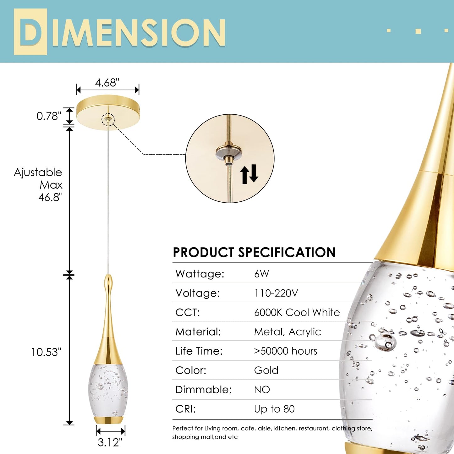 CHYING LED Pendant Light Kitchen Island Bubble Crystal Pendant Lighting Gold Mini Hanging Light Fixture for Dining Room Bathroom Bedroom Bar 6000K