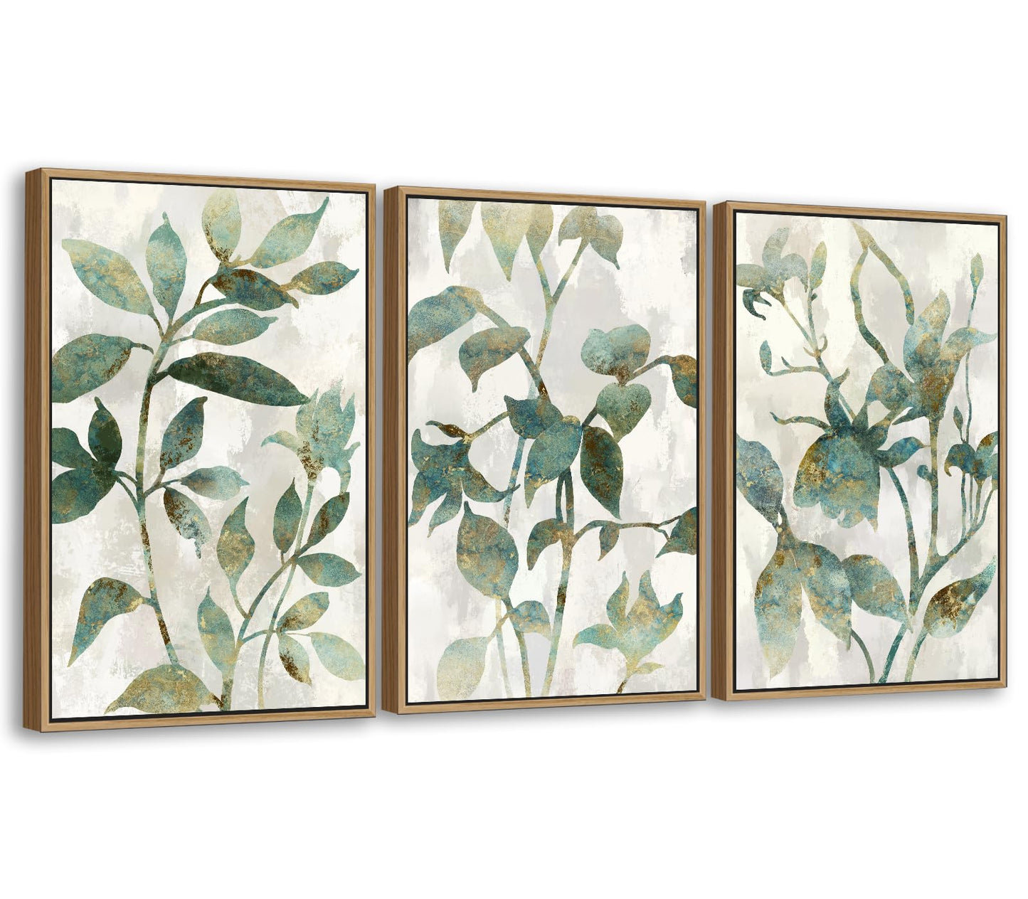 Large Framed Canvas Wall Art - Natural Float Framed Rustic Green Flowers Leaves Pictures Paintings White Grey Artwork Decor for Bedroom Living Room Kitchen Home Office Decoration 48" X 24" Set of 3