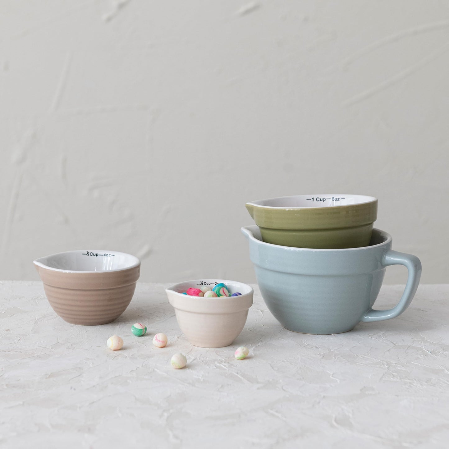 Creative Co-Op Stoneware Batter Bowl Measuring Cups, Set of 4 Sizes, Multicolor