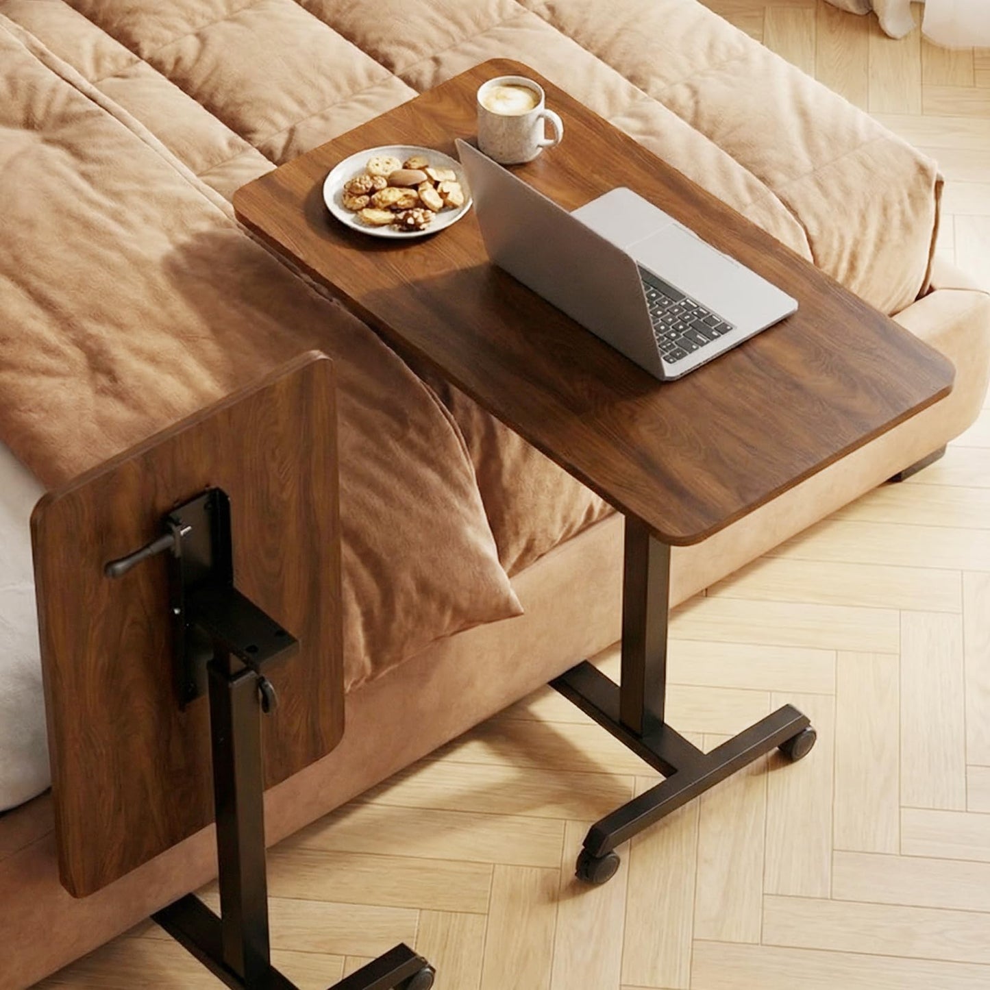 GTPLAYER Small Standing Desk, 24 Inches Foldable Mobile Rolling Laptop PC Table with Lockable Casters, Adjustable Height Overbed Bedside Table Computer Workstation for Home Office, Dark Brown-Foldable