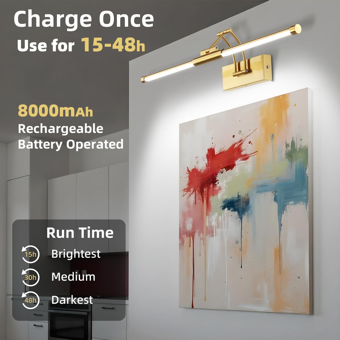 Neymlya 24“ Picture Lights for Wall, 8000mAh Rechargeable Wireless Picture Light with Remote, LED Wall Lights 3000K/4000K/6000K Dimmable, Art Lighting for Paintings Frame Gallery Dartboard, Brass