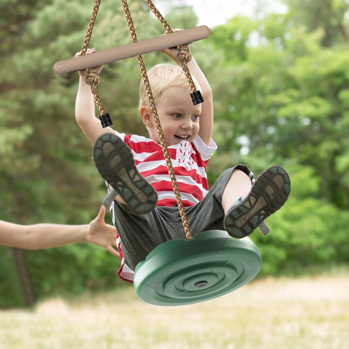 KINSPORY Swing for Kids, 78'' Adjustable Disc Tree Swing for Backyard, Monkey Bars Rope Swing with Hanging Strap, Carabiner for Zipline Outdoor Play Equipment Swing Set Accessories - Green
