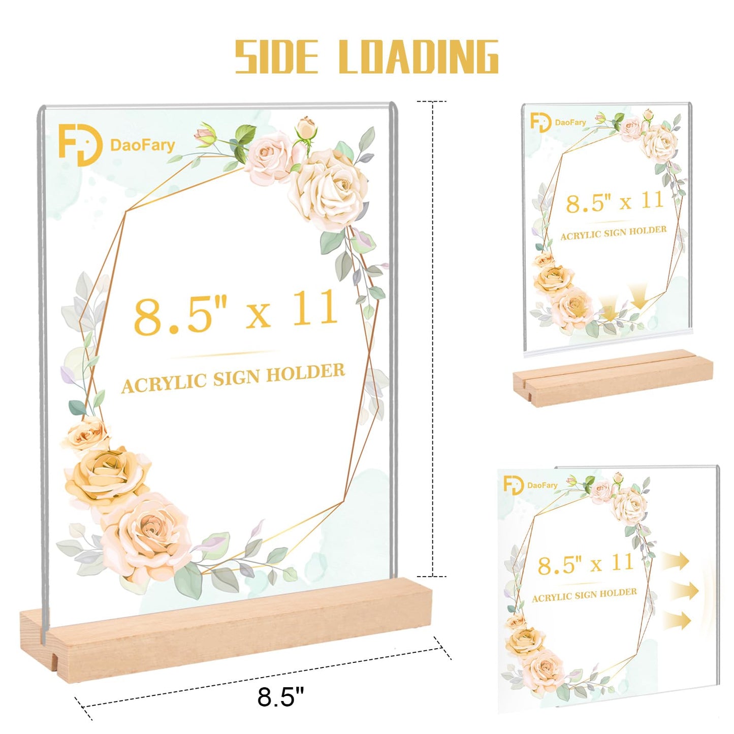 Daofary 6 Pack Acrylic Sign Holder 8.5 x 11, L/T Shape Double Sided wood Picture Frame Stand up Table Top Sign Holders, Clear Display Stand Menu Flyer Holder for Wedding Party (Provide Non slip Mats)