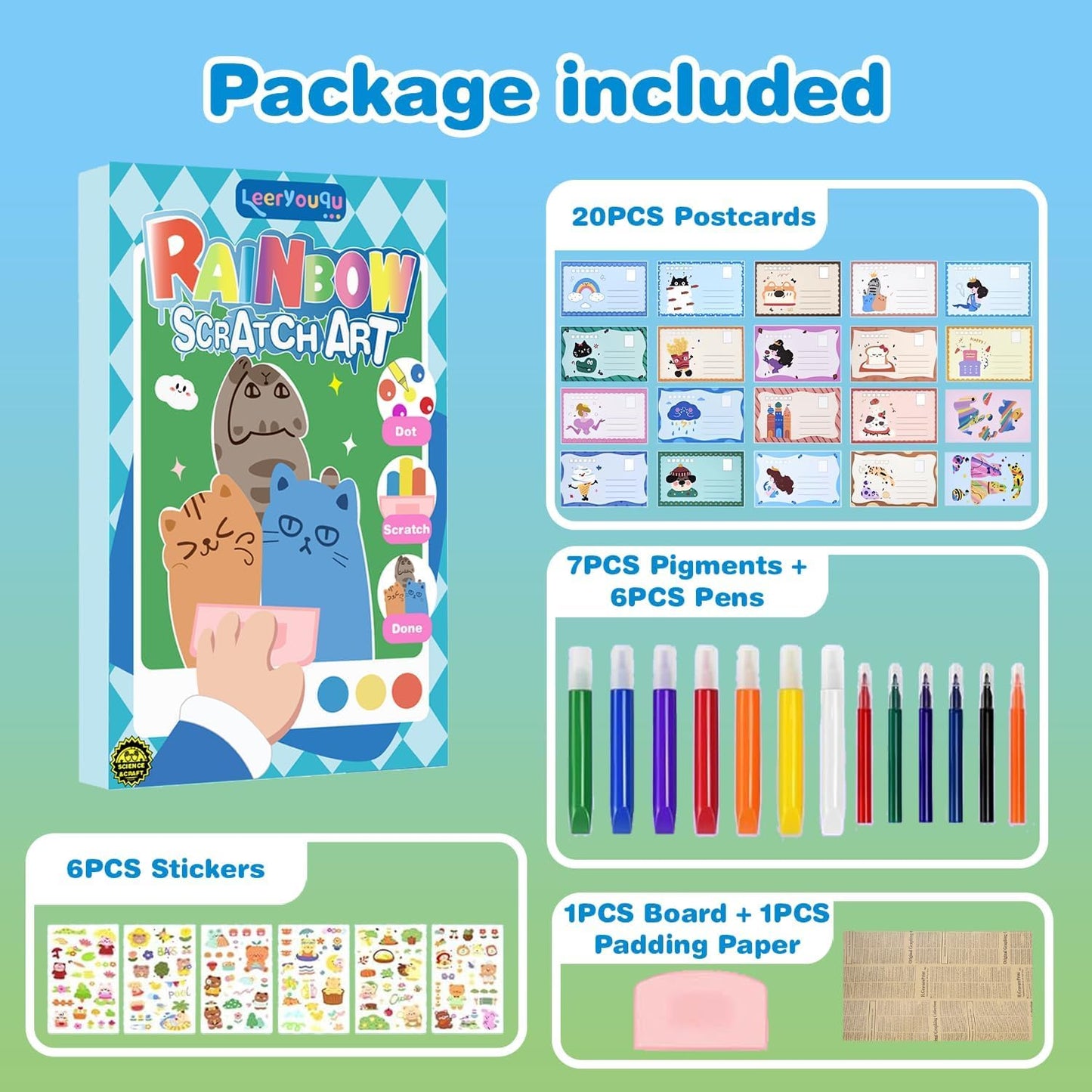 Rainbow Squeeze Art Kit, 2026 Upgrade Magic Rainbow Scratch Paper Art Set, Creative Squeegee Painting Kit DIY Postcards Scratch for Birthday Party Favors (Pink+Blue)