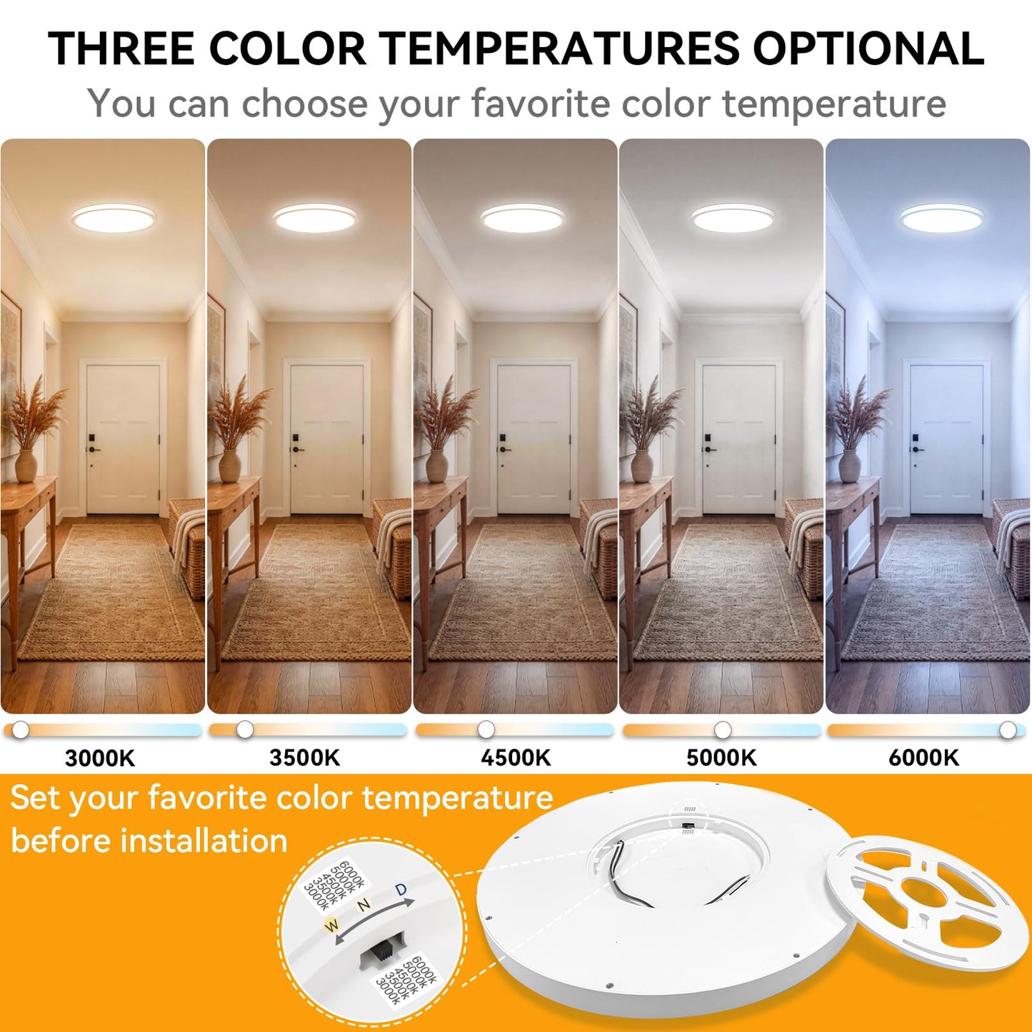WKONCLDY 5CCT 3000k//3500k/4500k//5000k/6000k Selectable, Dimmable Led Flush Mount Ceiling Light, 20 Inch 5000LM Round Modern Flat Panel,Super Slim for Living Dining Kitchen Bedroom Room
