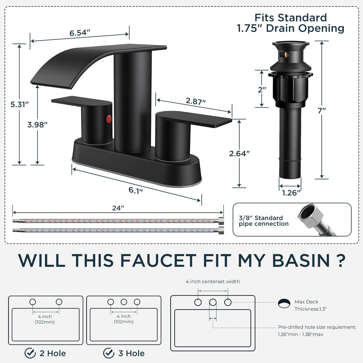 FORIOUS Matte Black Bathroom Sink Faucet, Waterfall 4 Inch Centerset Bathroom Faucets with Metal Pop up Drain and cUPC Hose for Basin,Vanity, Rv, Lavatory 2 or 3 Hole Sink