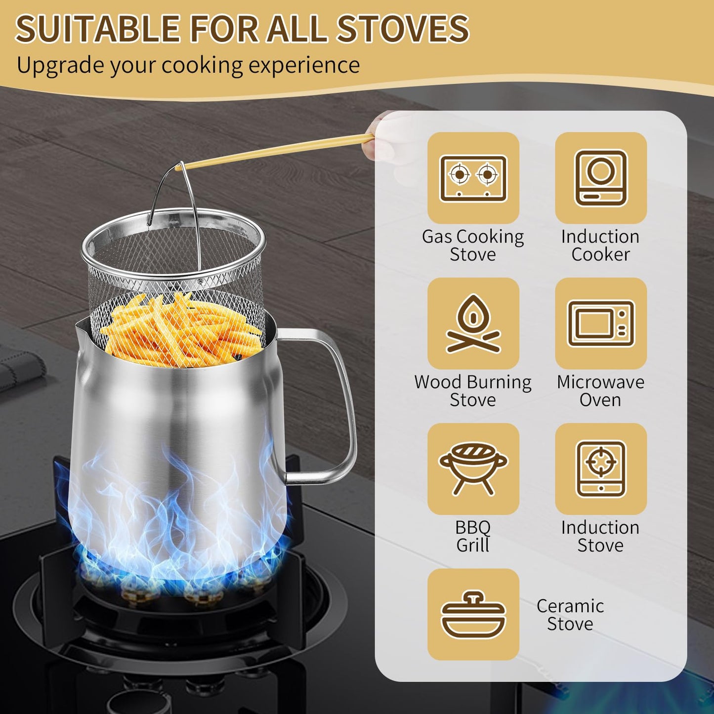 119oz 304 Stainless Steel Deep Fryer Pot with Basket & Strainer, Large Capacity Bacon Grease Container for Kitchen,Frying, Cooking, Camping,Oil Filter Container - Dishwasher Safe (119oz/3.5L/3.7Qt)