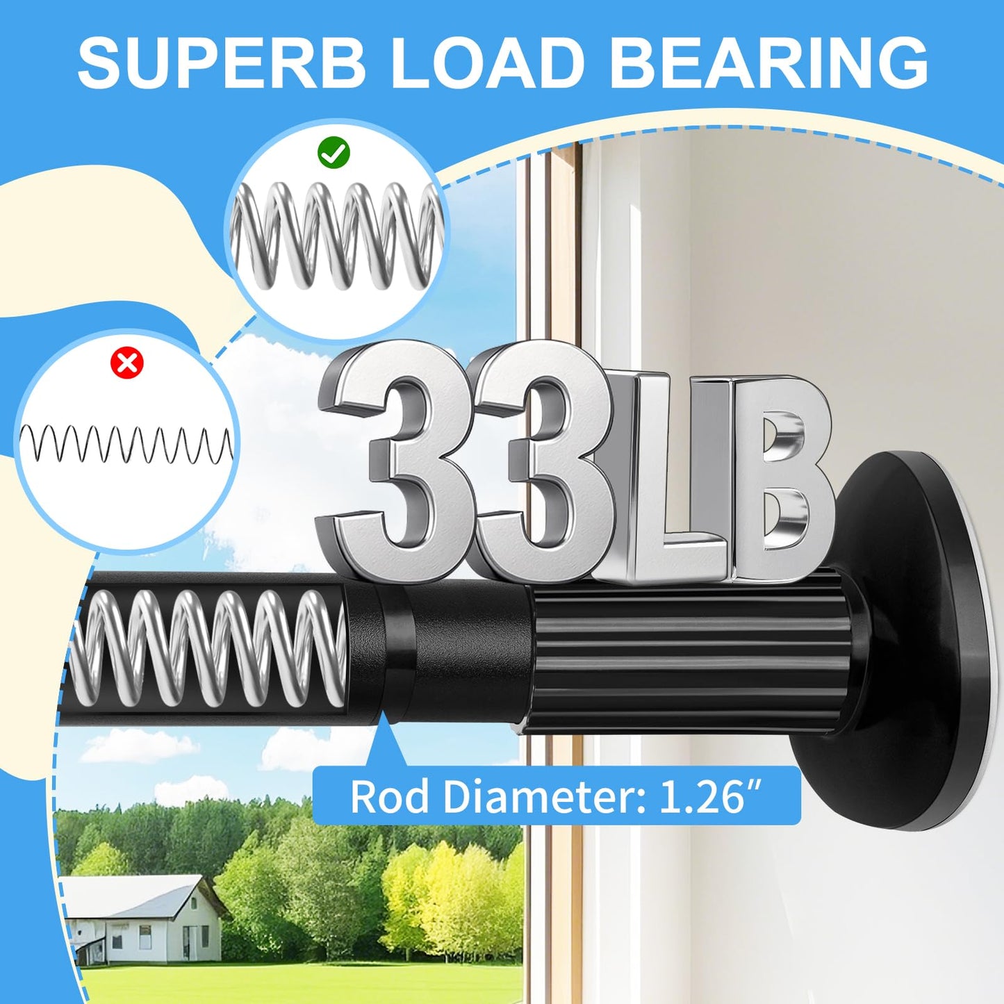 Tension Curtain Rod 51-165 Inch, Extra Long Curtain Rod No Drilling for Window or Bathroom, Outdoor Curtain Rods for Patio, Easy to Install, Never Rust, Rod Diameter 1.26 Inches-Black