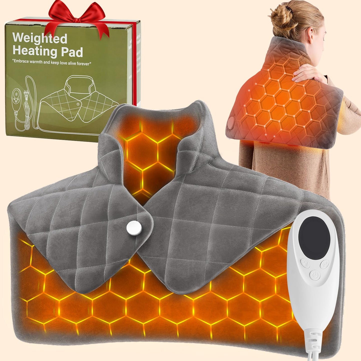 3 lb Weighted Heating Pad for Neck and Shoulders, Mothers Day Gifts for Mom Wife Grandma, Birthday Gifts for Men Women Dad, Instant Electric Heated Blanket with 9 Heat Options 4 Auto-Off Timer, Grey