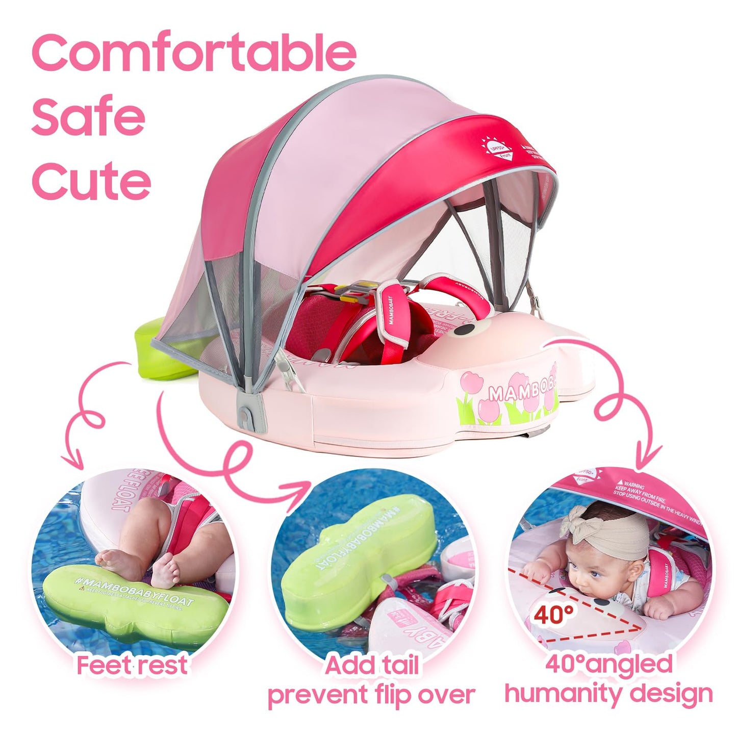 3 Swim Method Add Bed More Comfortable Mambobaby Float with Tail and Canopy Non-Inflatable Baby Swim Float Mambo Float Smart Swim Trainer Infant Swim Pool Float Swim Ring for 3-24months Girls Boys
